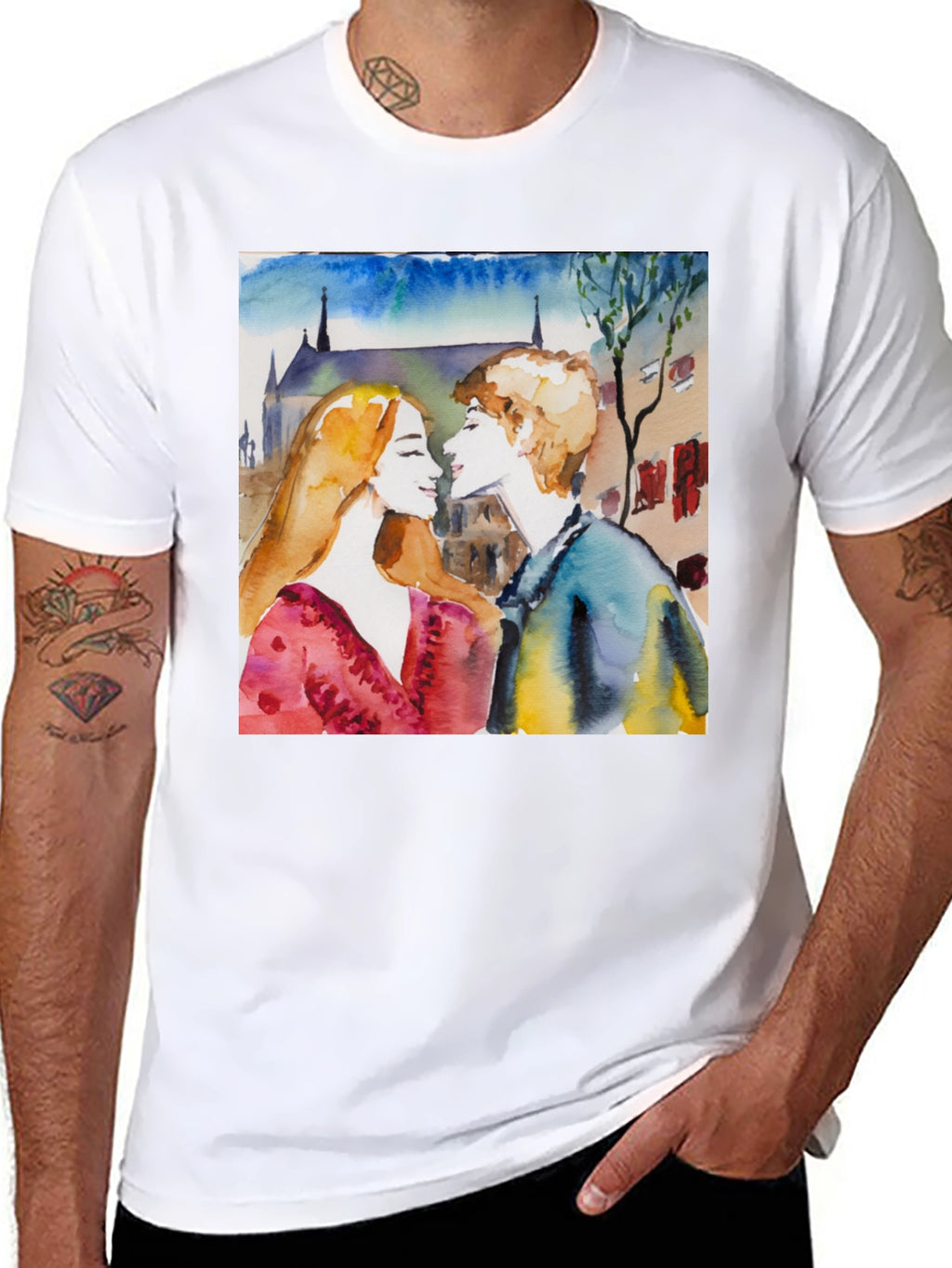 Watercolor Couple Black T-Shirt