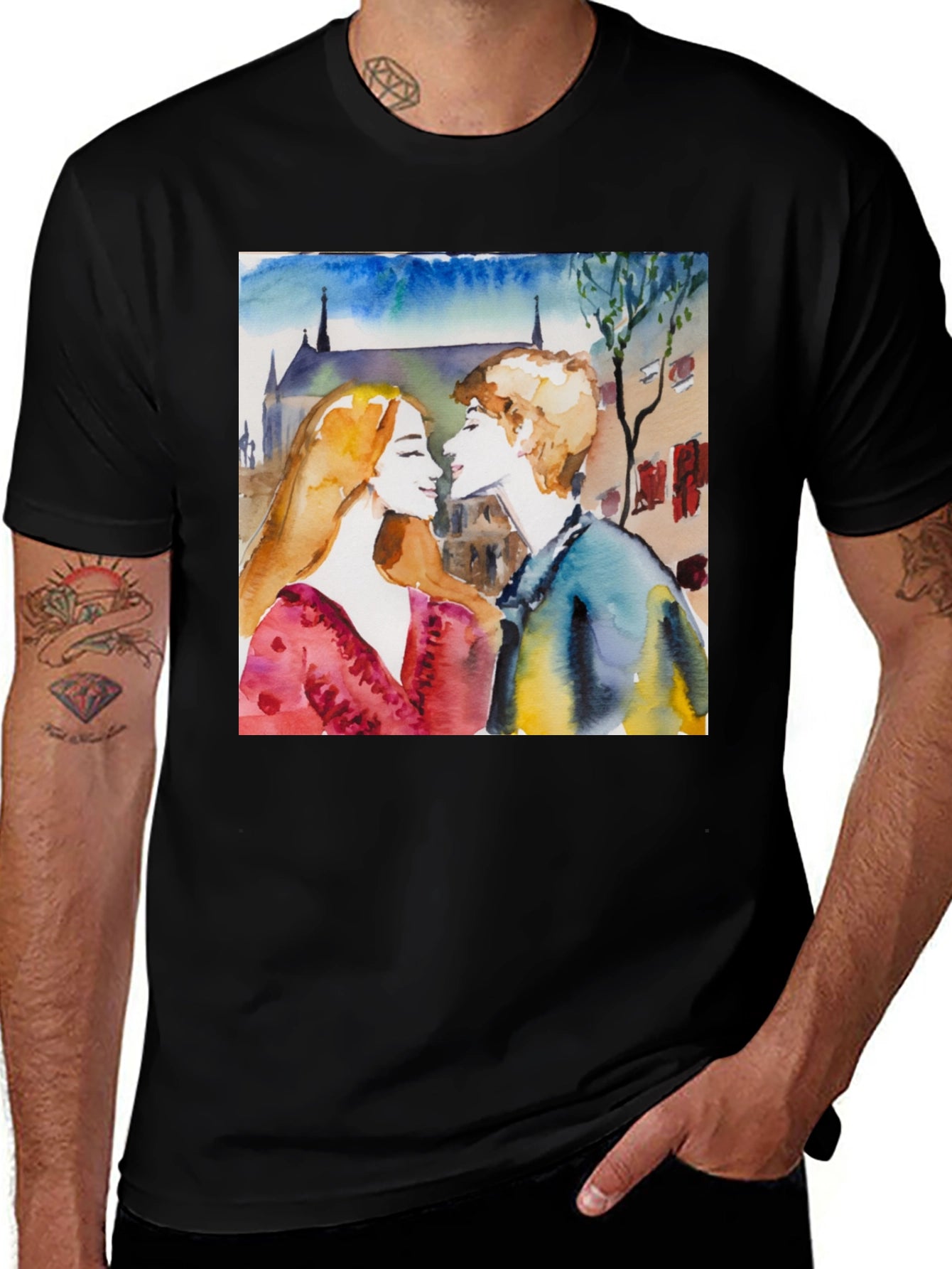 Watercolor Couple Black T-Shirt