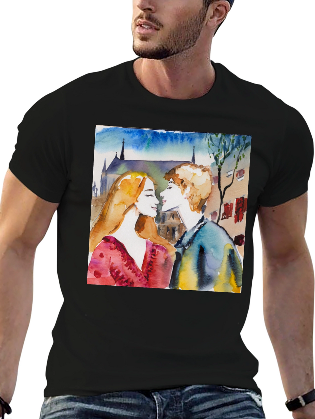 Watercolor Couple Black T-Shirt