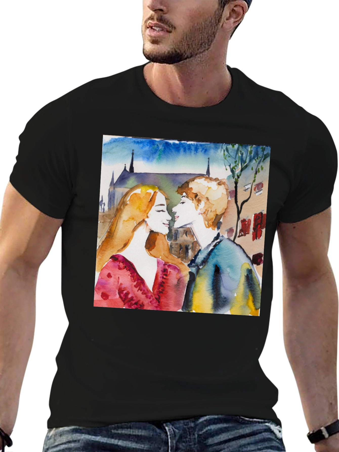 Watercolor Couple Black T-Shirt