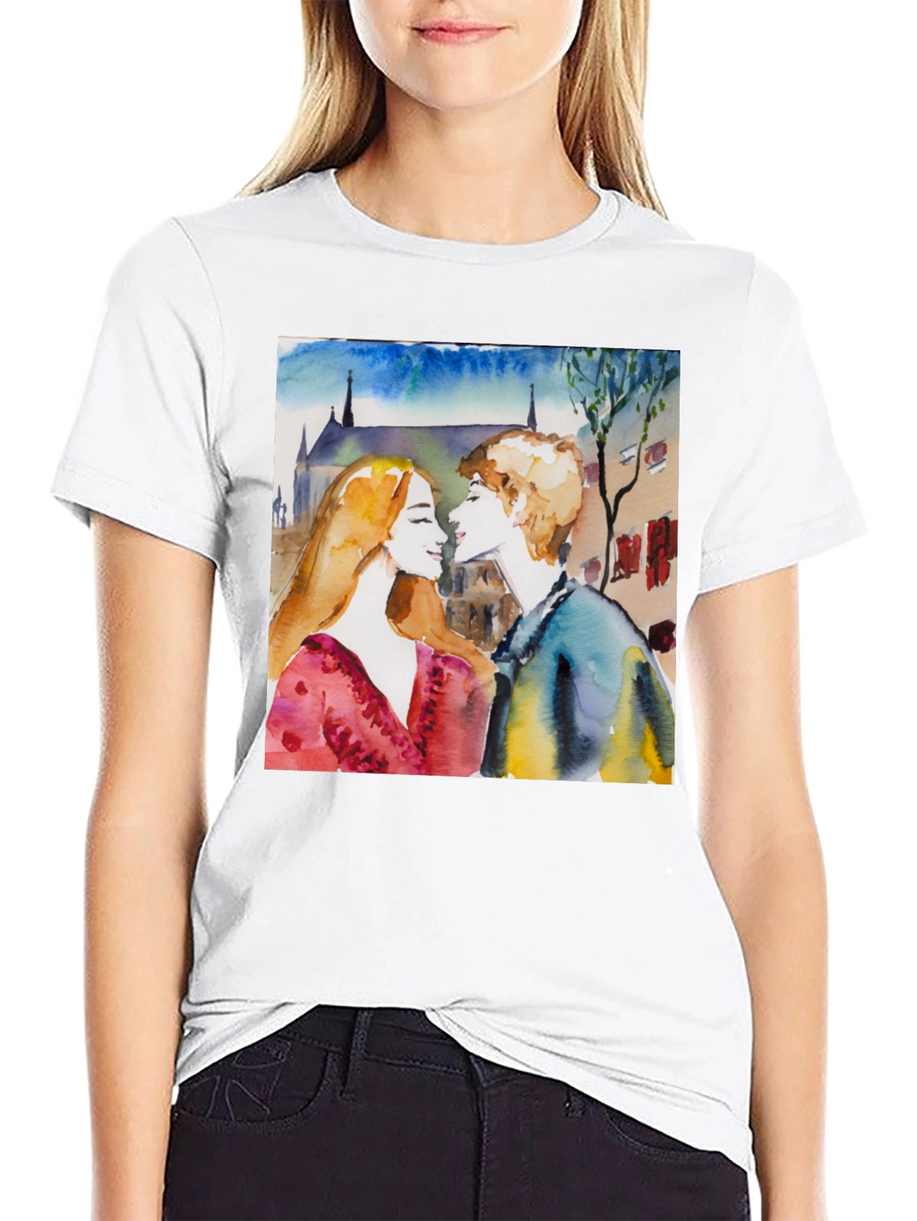 Watercolor Couple Black T-Shirt
