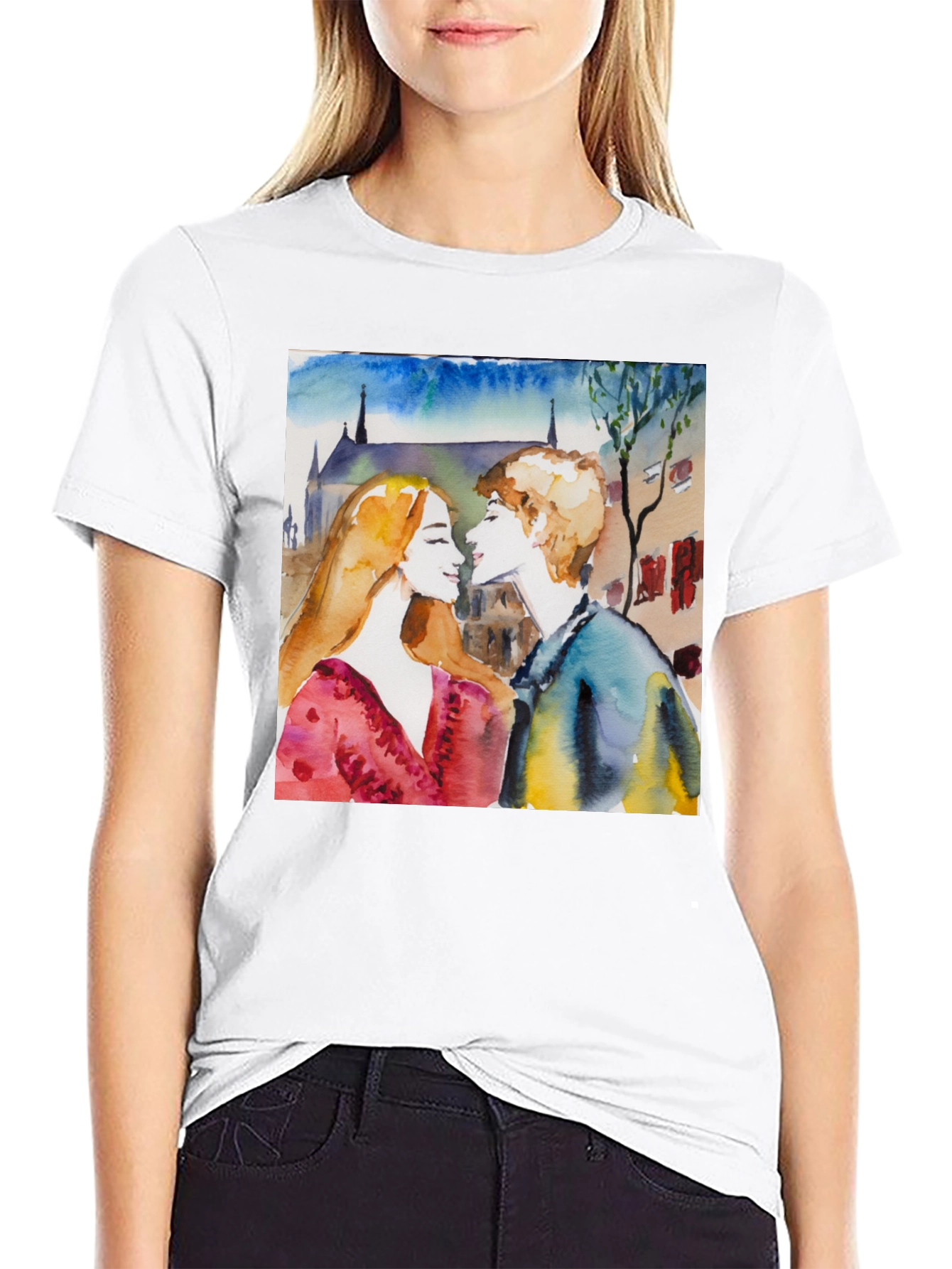 Watercolor Couple Black T-Shirt