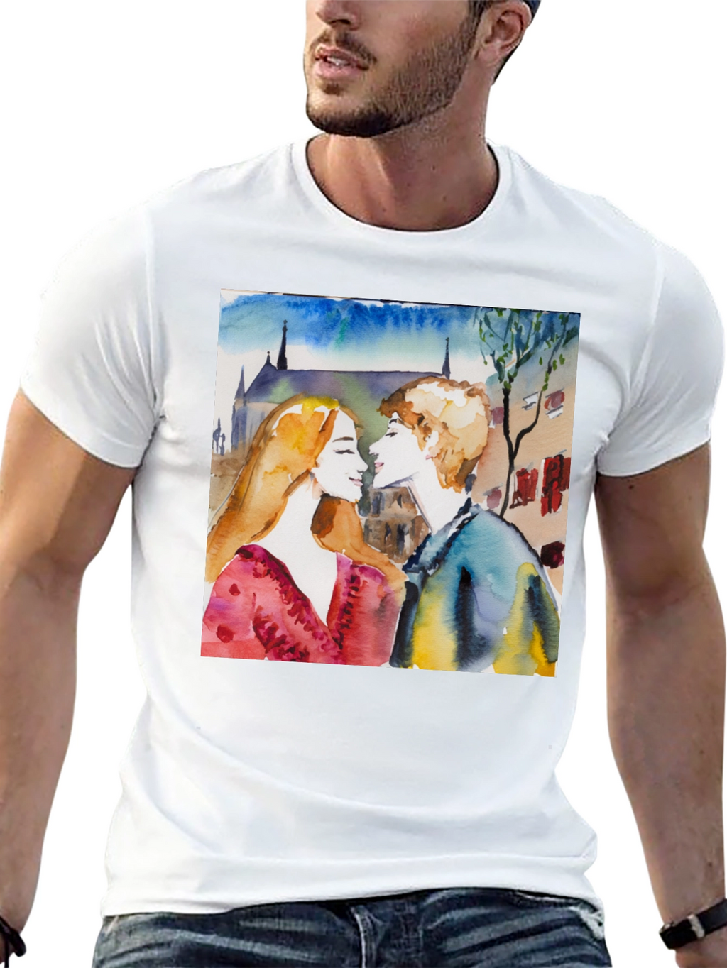 Watercolor Couple Black T-Shirt