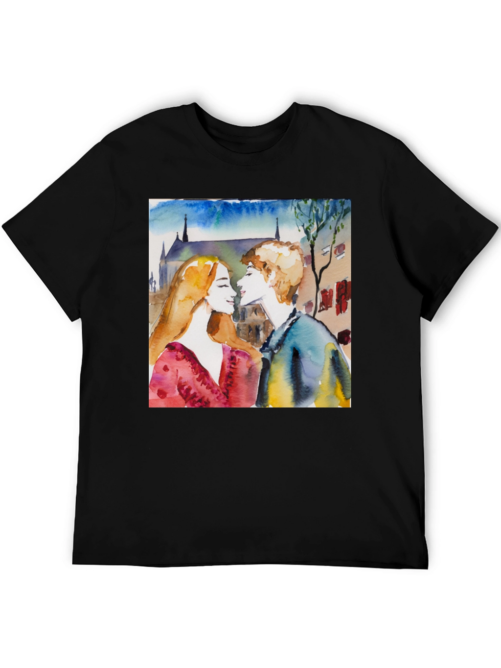 Watercolor Couple Black T-Shirt