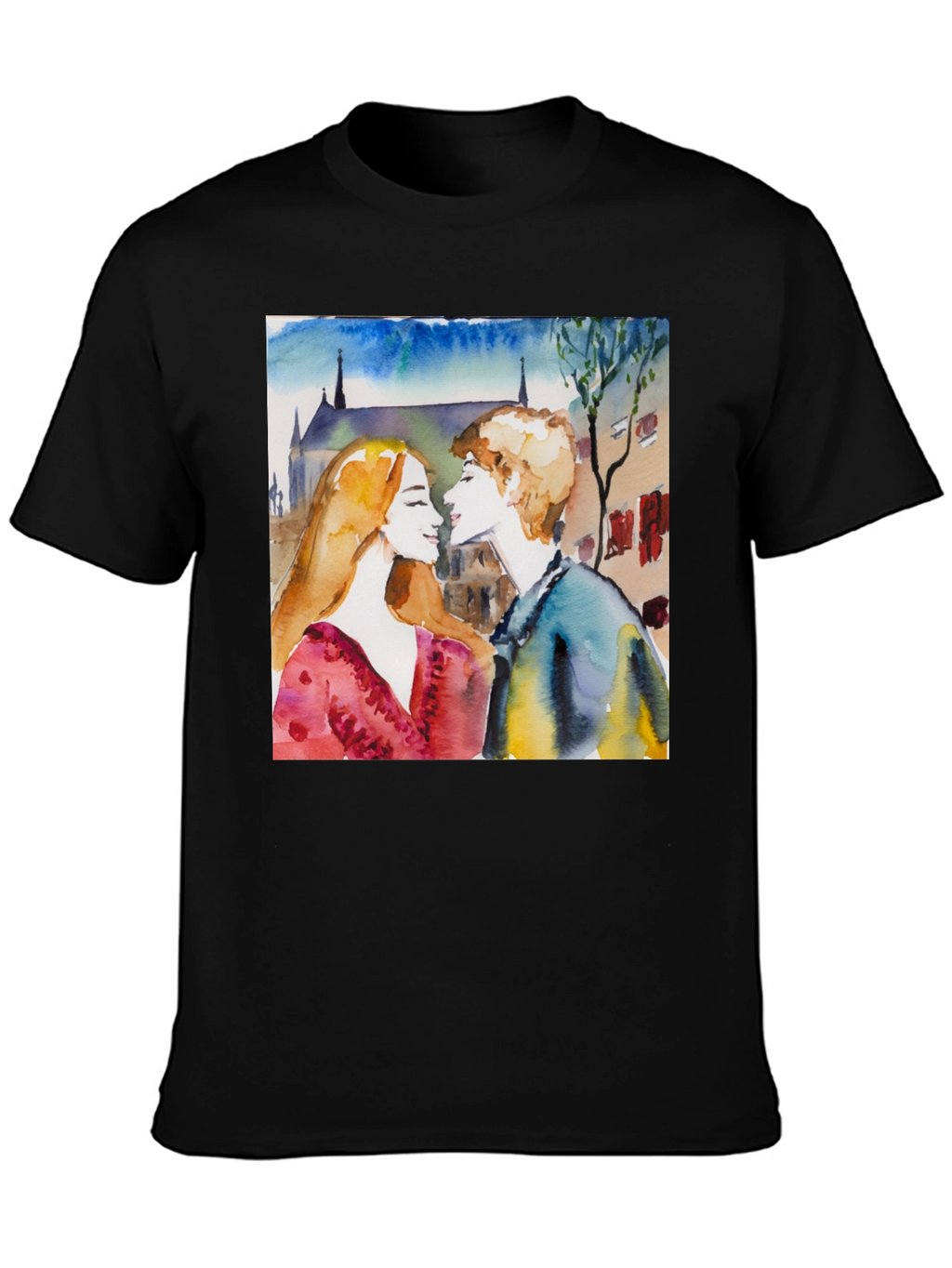 Watercolor Couple Black T-Shirt