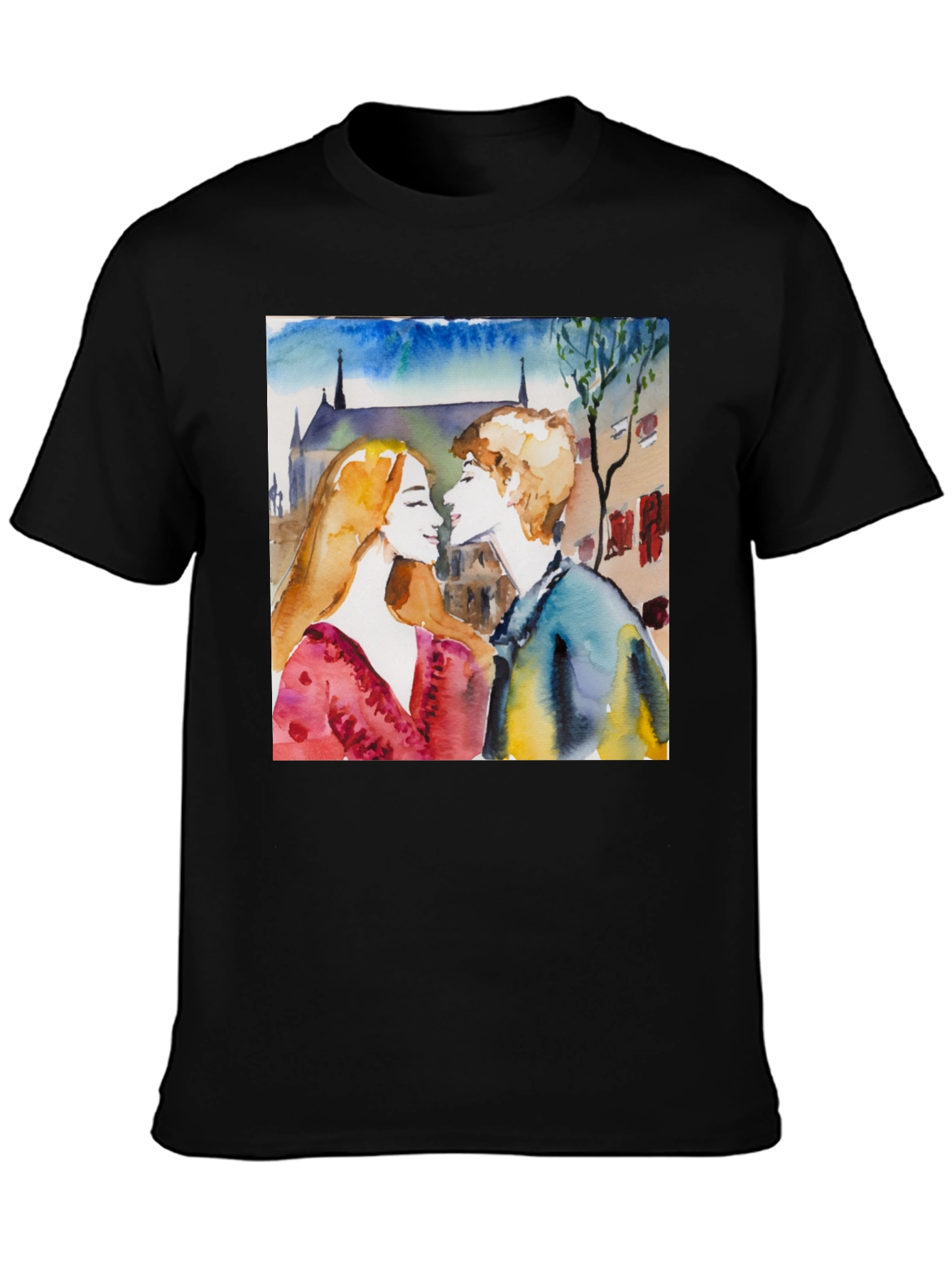 Watercolor Couple Black T-Shirt