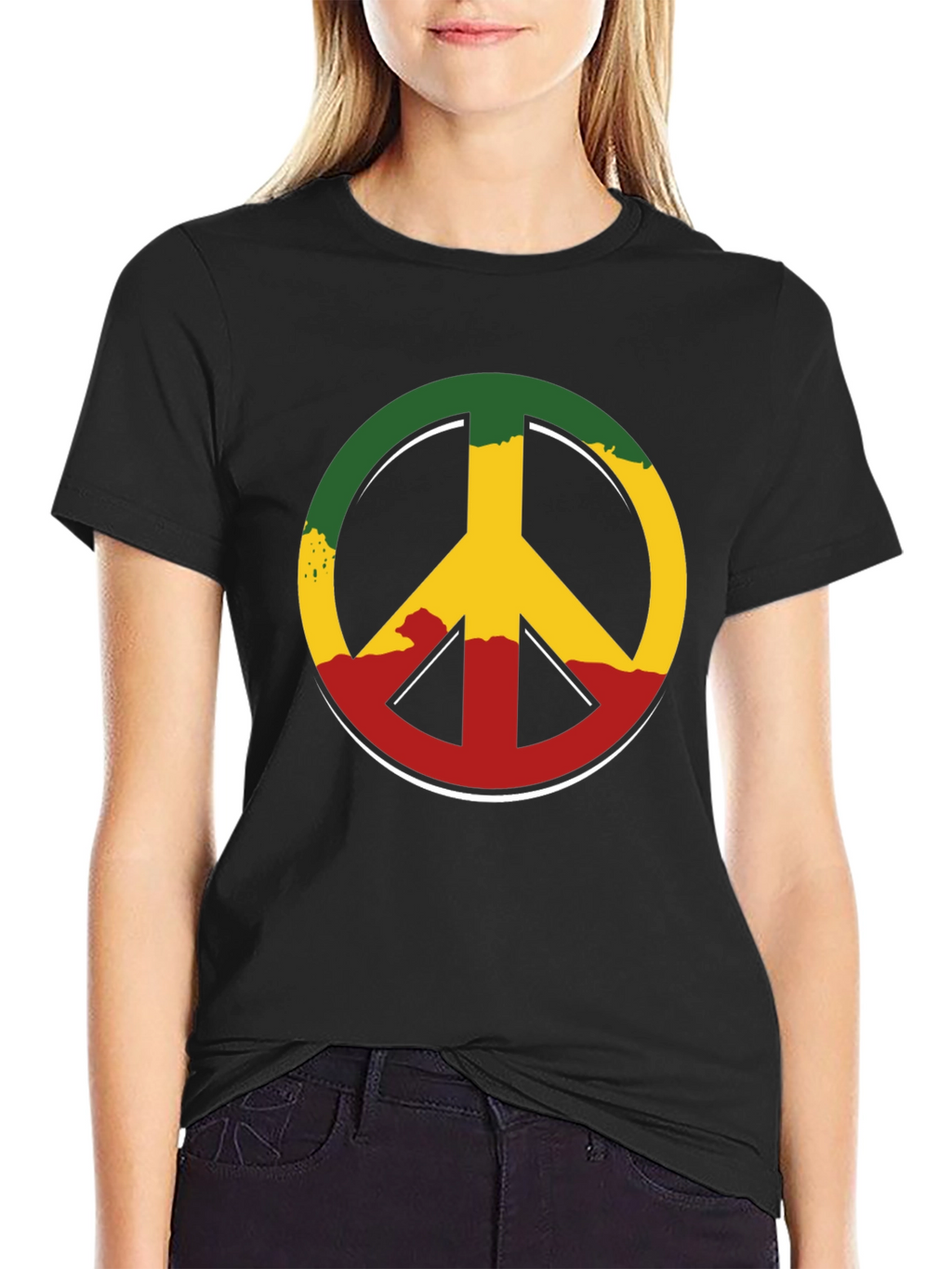 Rasta Peace Sign Graphic Tee - Casual Black T-Shirt