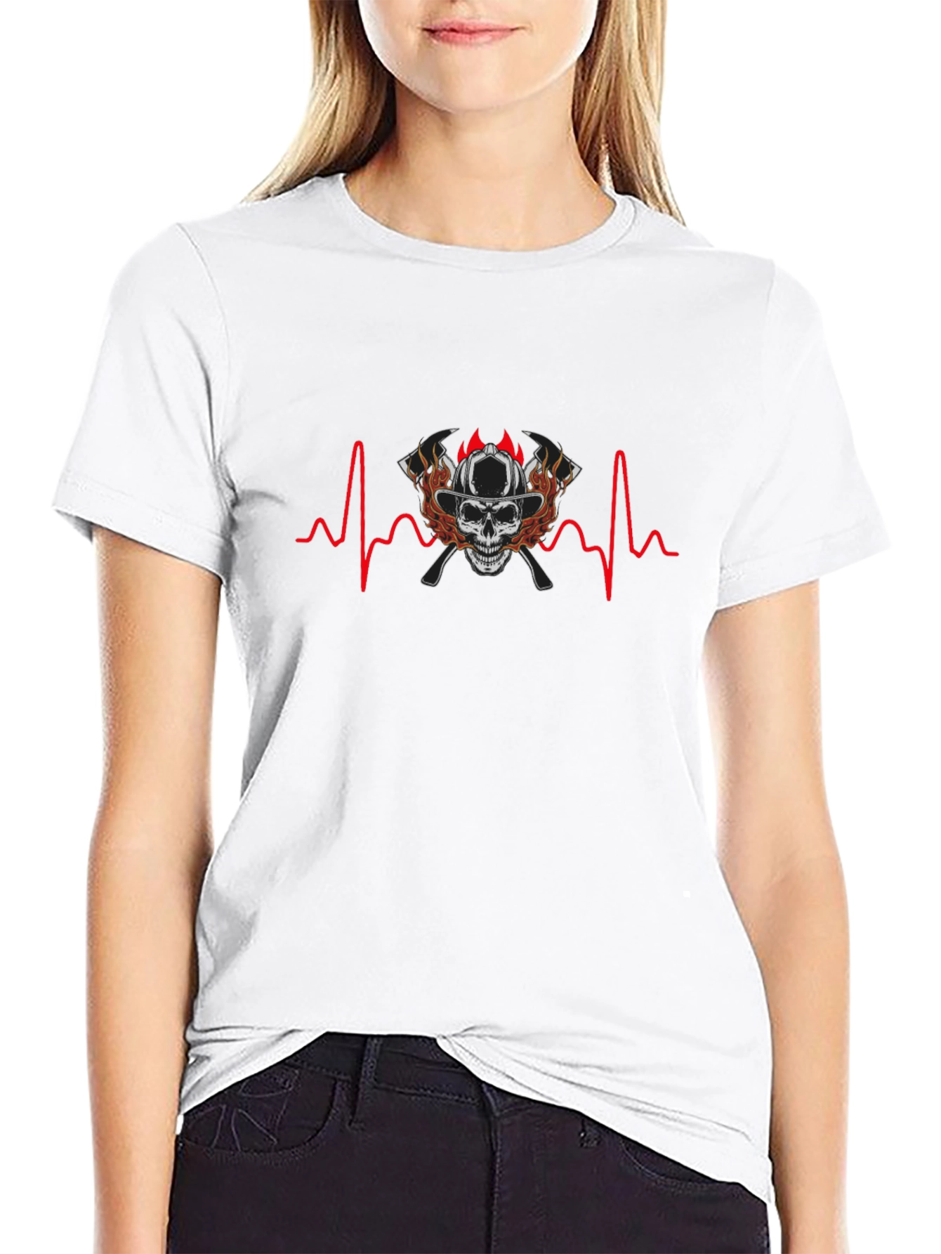 Firefighter Skull Heartbeat T-Shirt - Graphic Tee