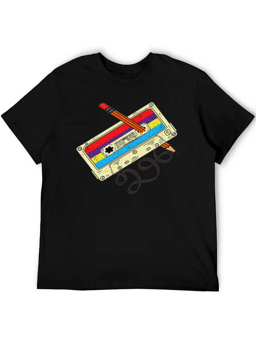 Retro Cassette & Pencil Black T-Shirt