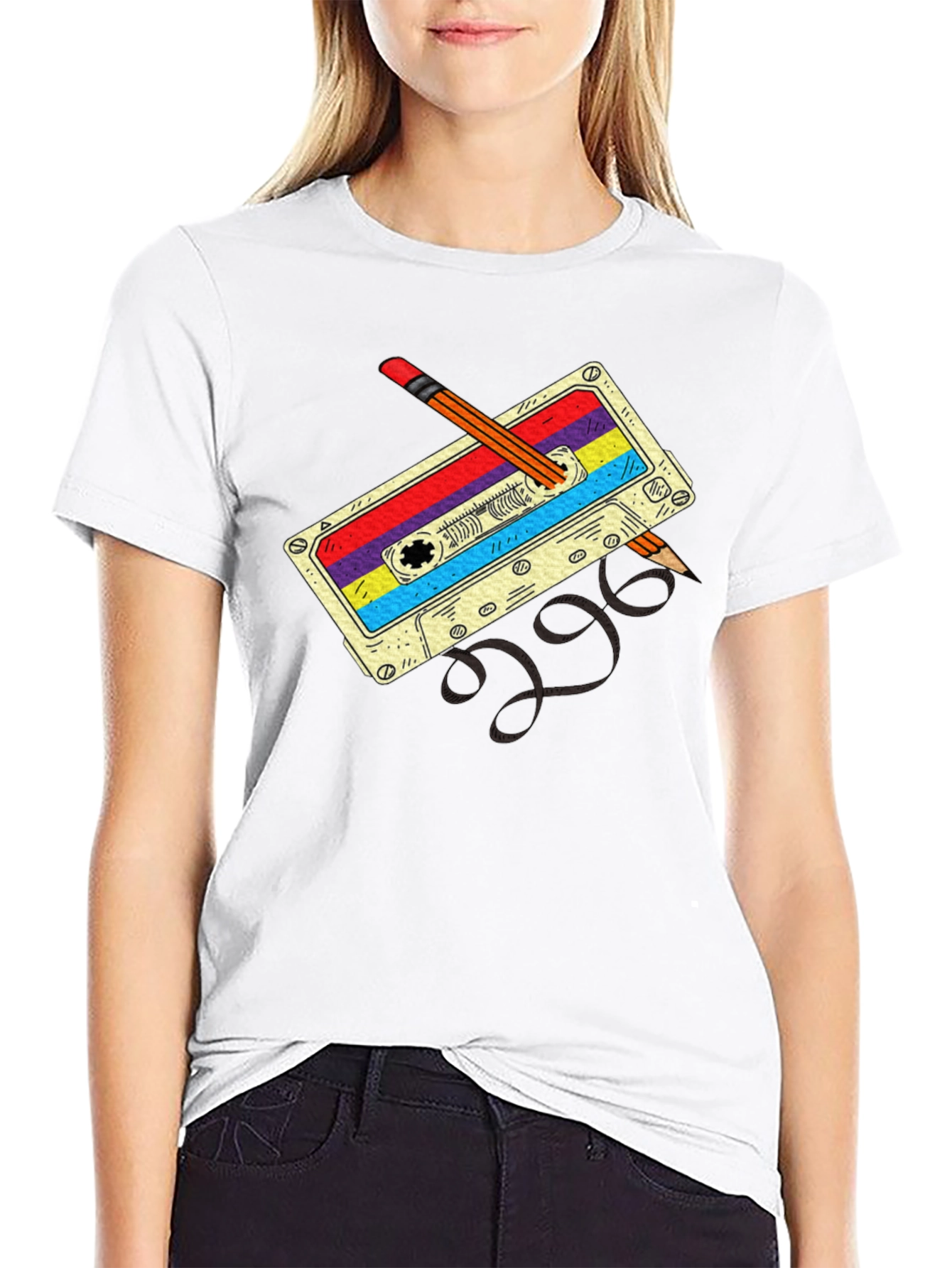 Retro Cassette & Pencil Black T-Shirt