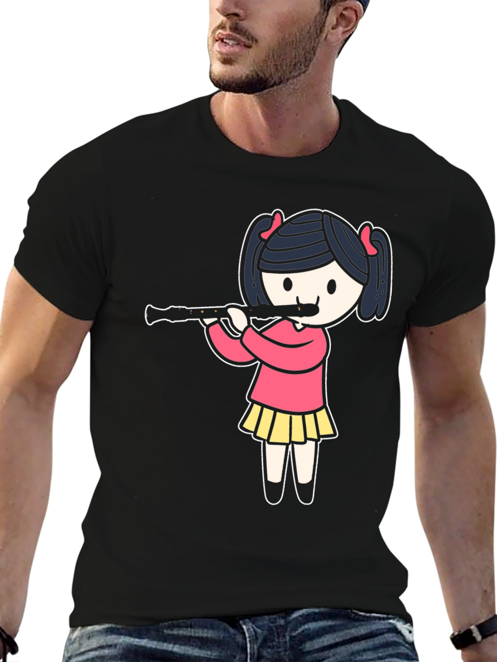 Girl Playing Flute Black T-Shirt