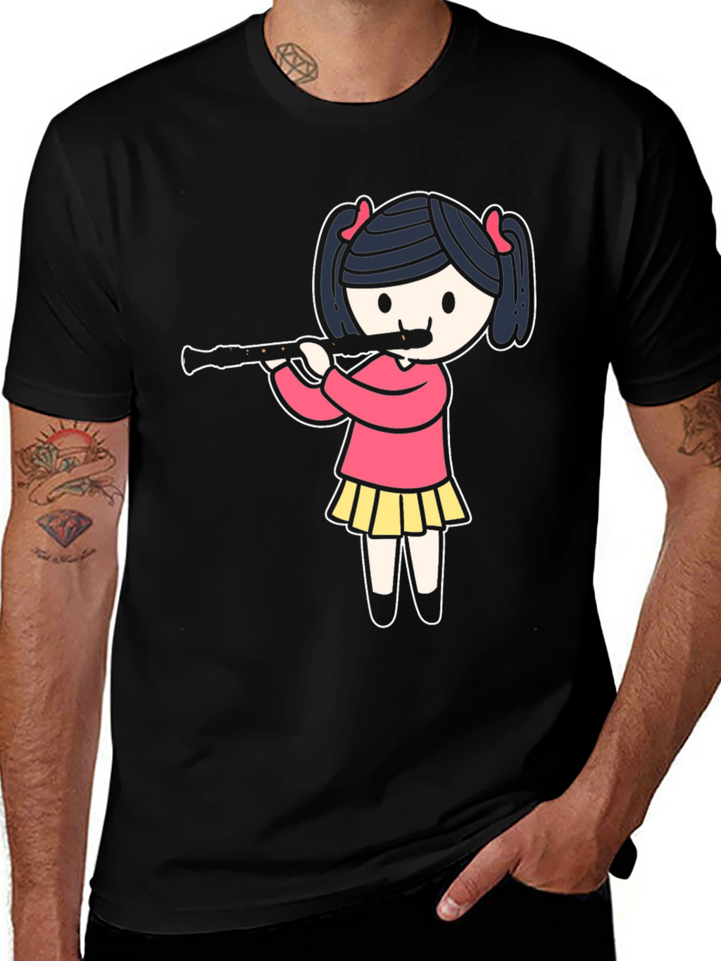 Girl Playing Flute Black T-Shirt