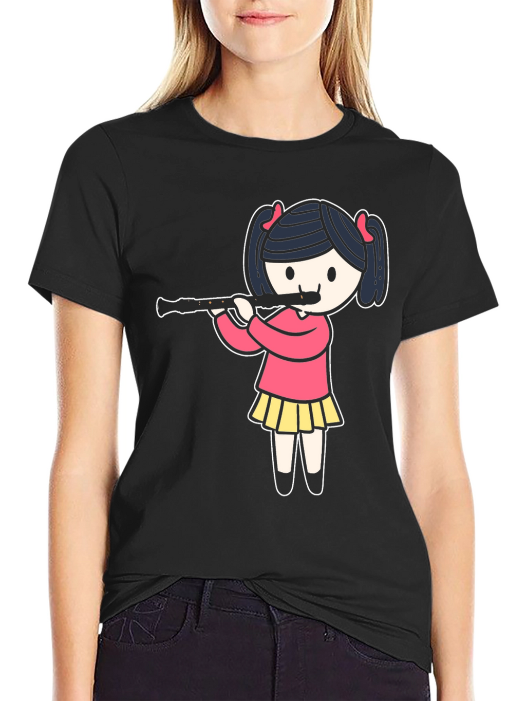 Girl Playing Flute Black T-Shirt
