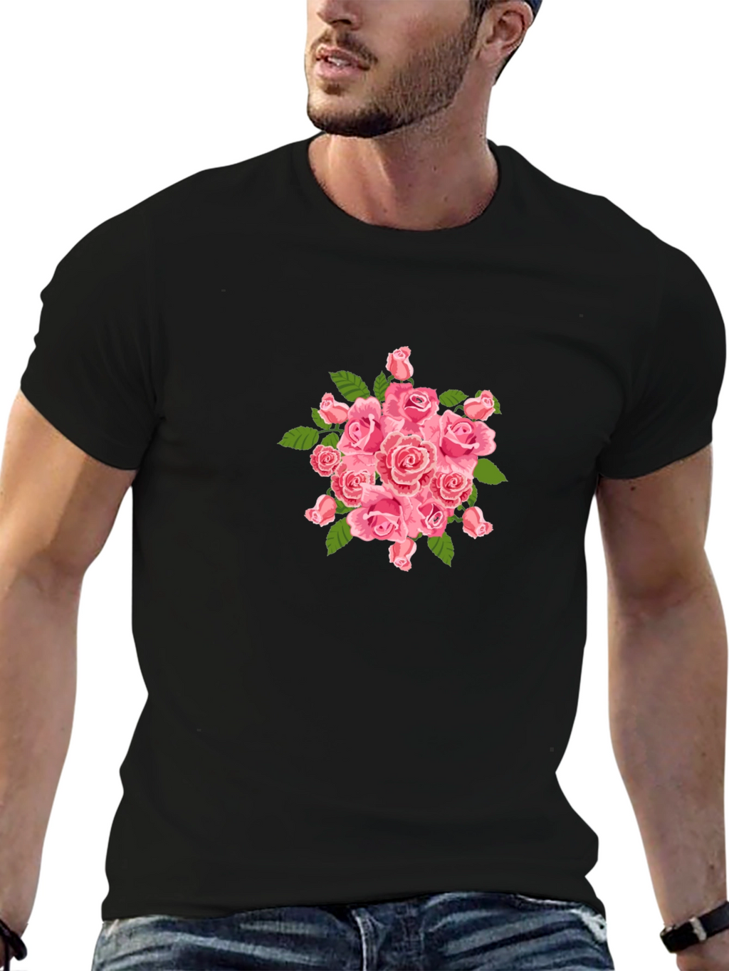 Mens Black T-Shirt with Pink Roses Design