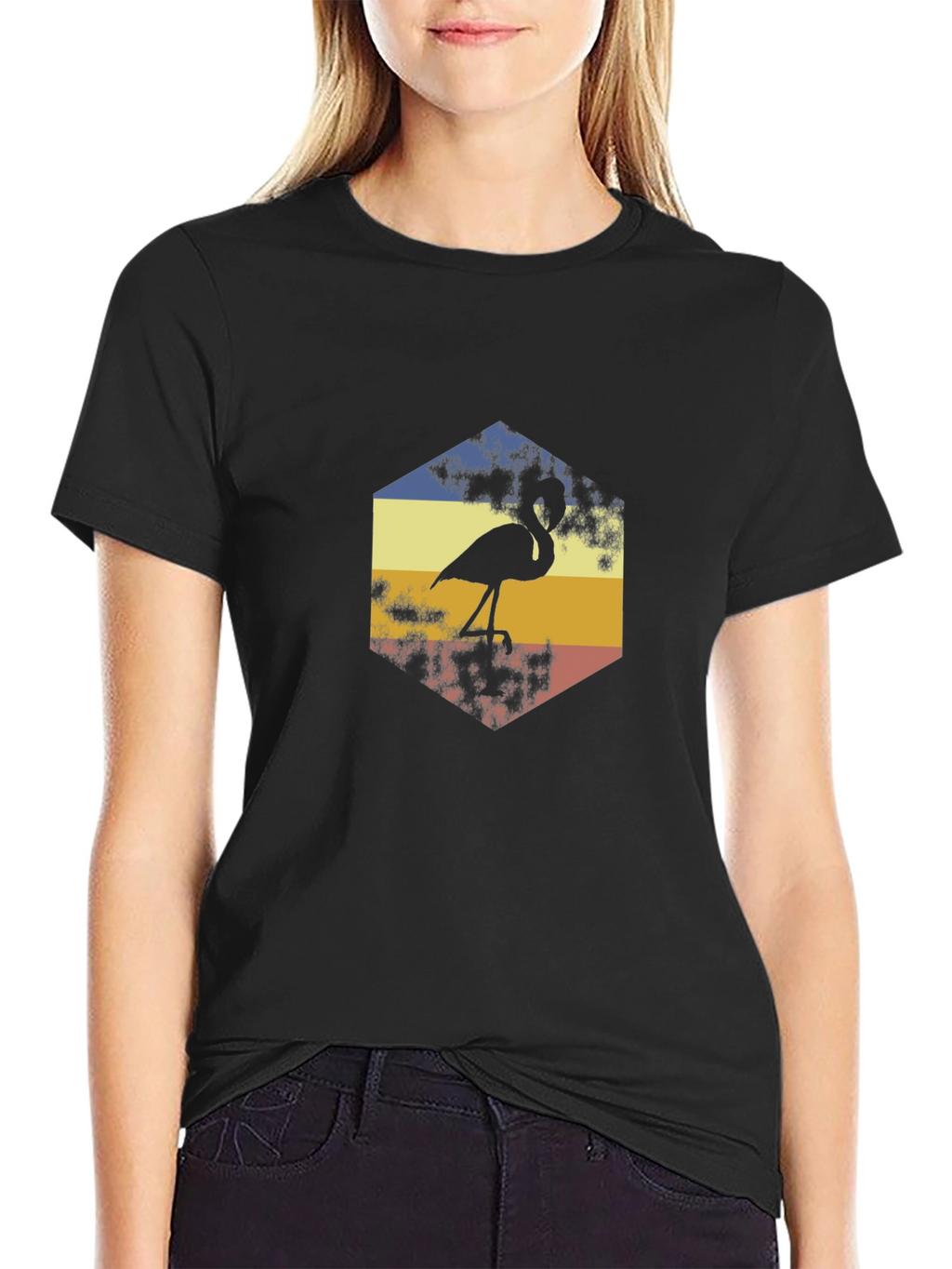 Retro Flamingo Graphic Tee - Black Cotton T-Shirt