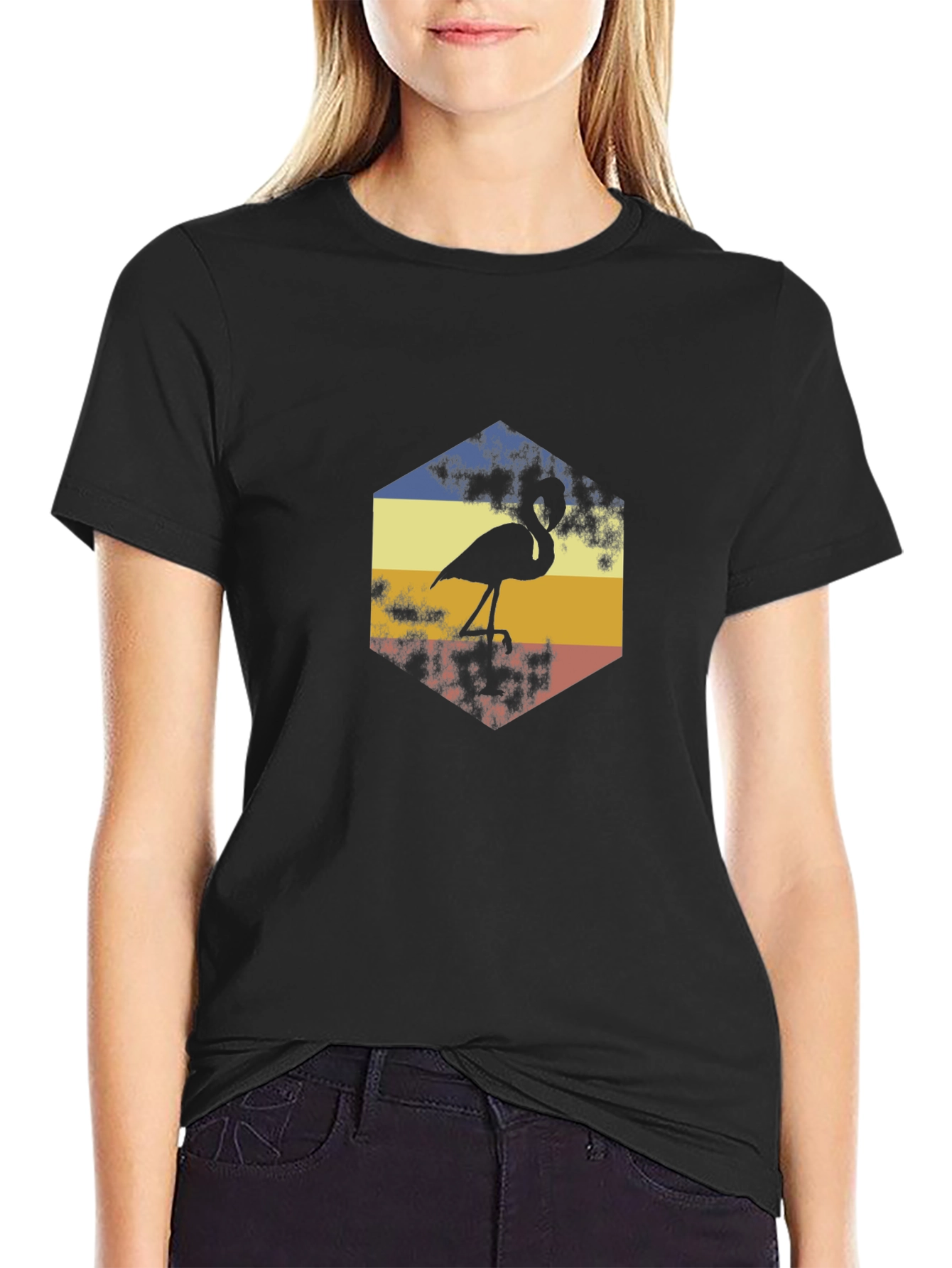 Retro Flamingo Graphic Tee - Black Cotton T-Shirt