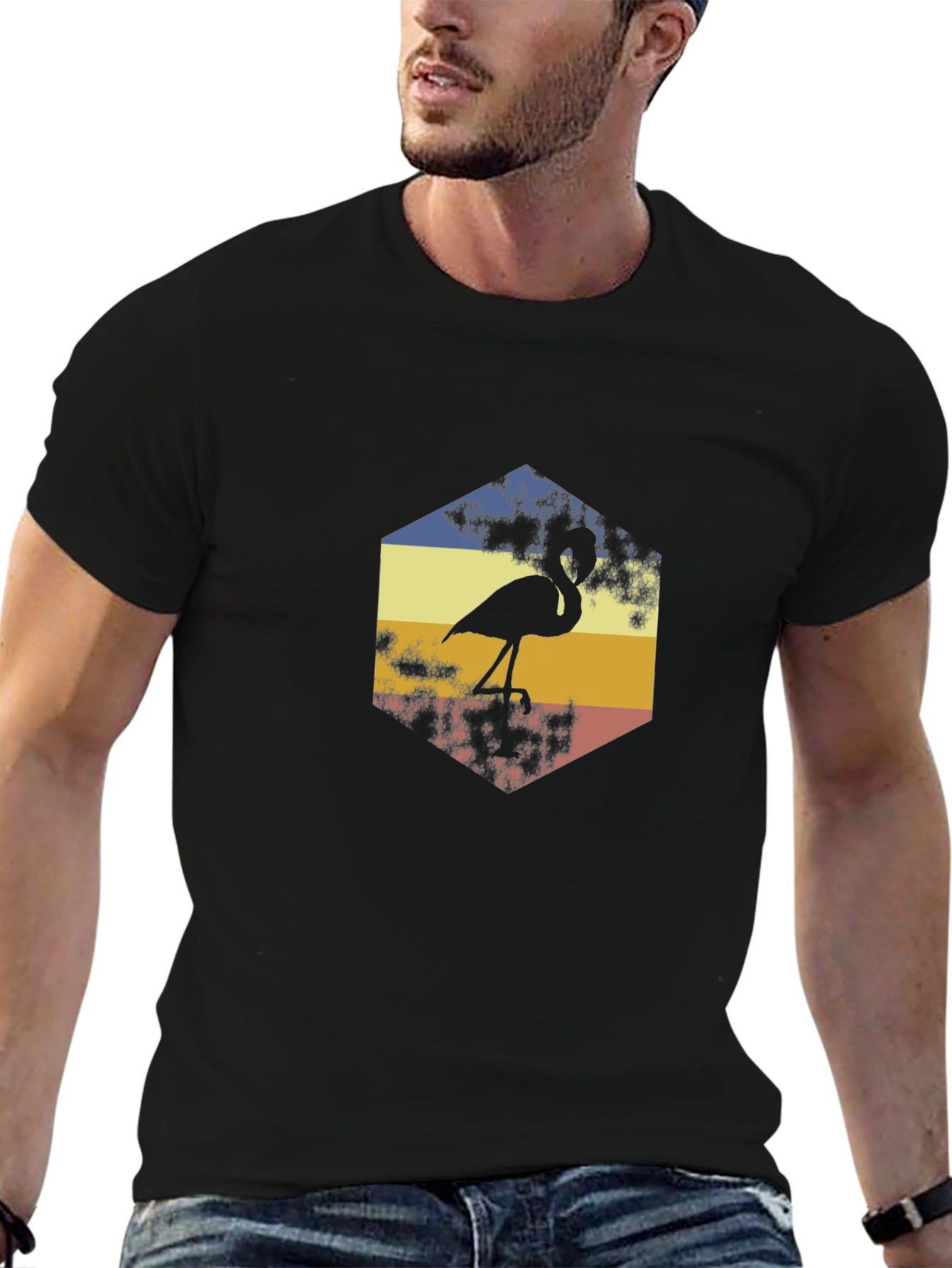 Retro Flamingo Graphic Tee - Black Cotton T-Shirt