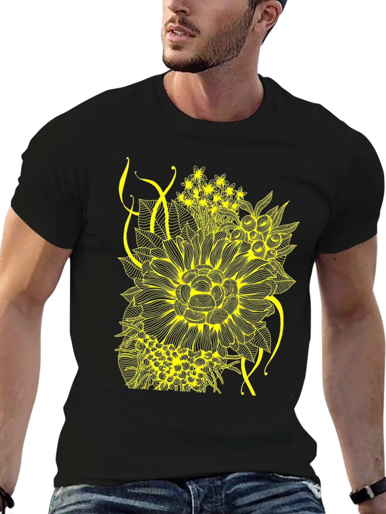 Floral Print Tee - Stylish Black Cotton T-Shirt