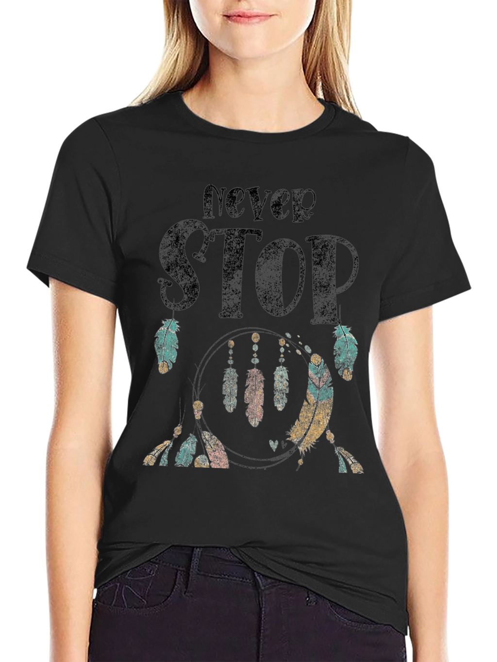 Never Stop Feather Graphic Black T-Shirt