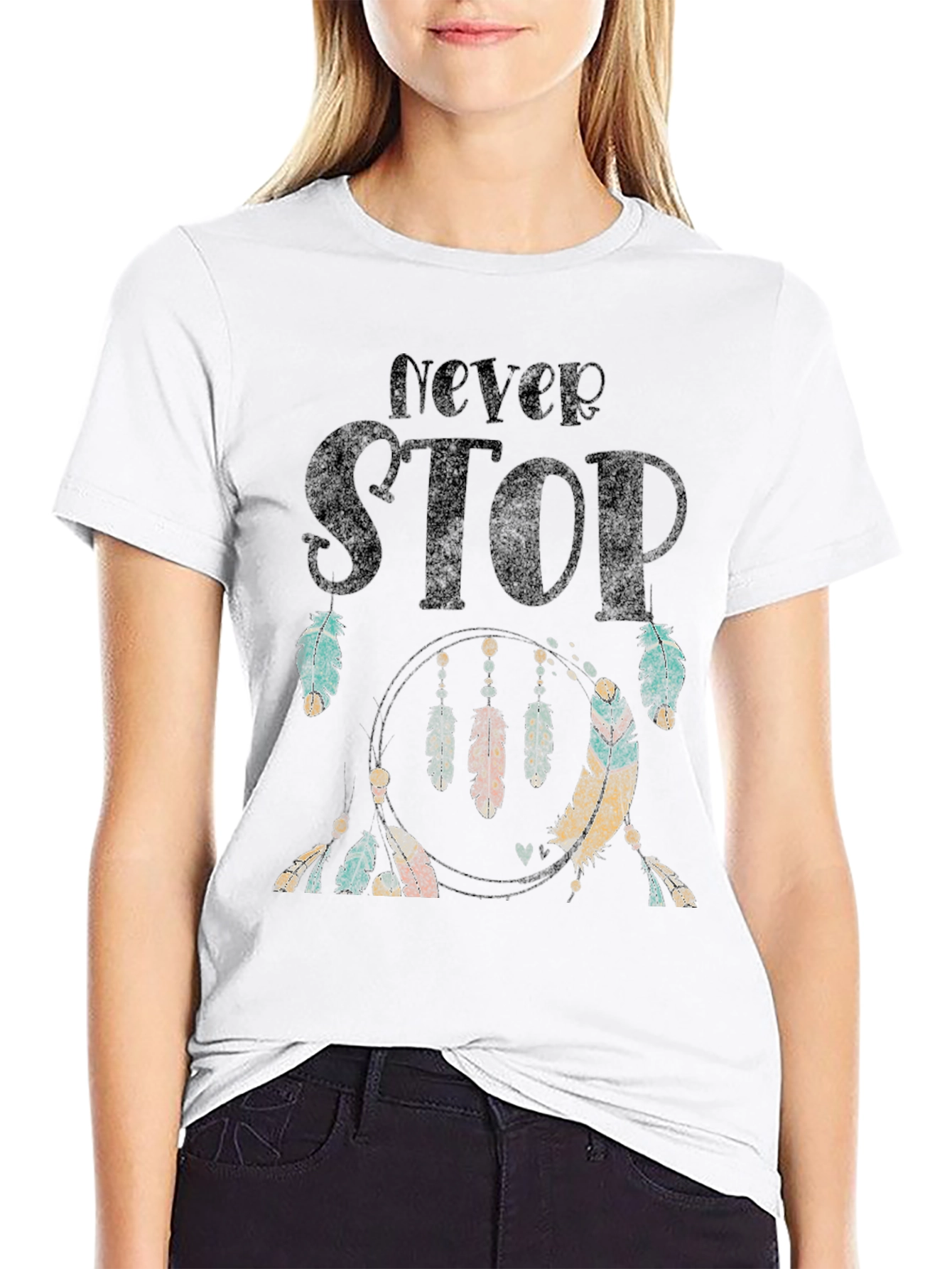 Never Stop Feather Graphic Black T-Shirt