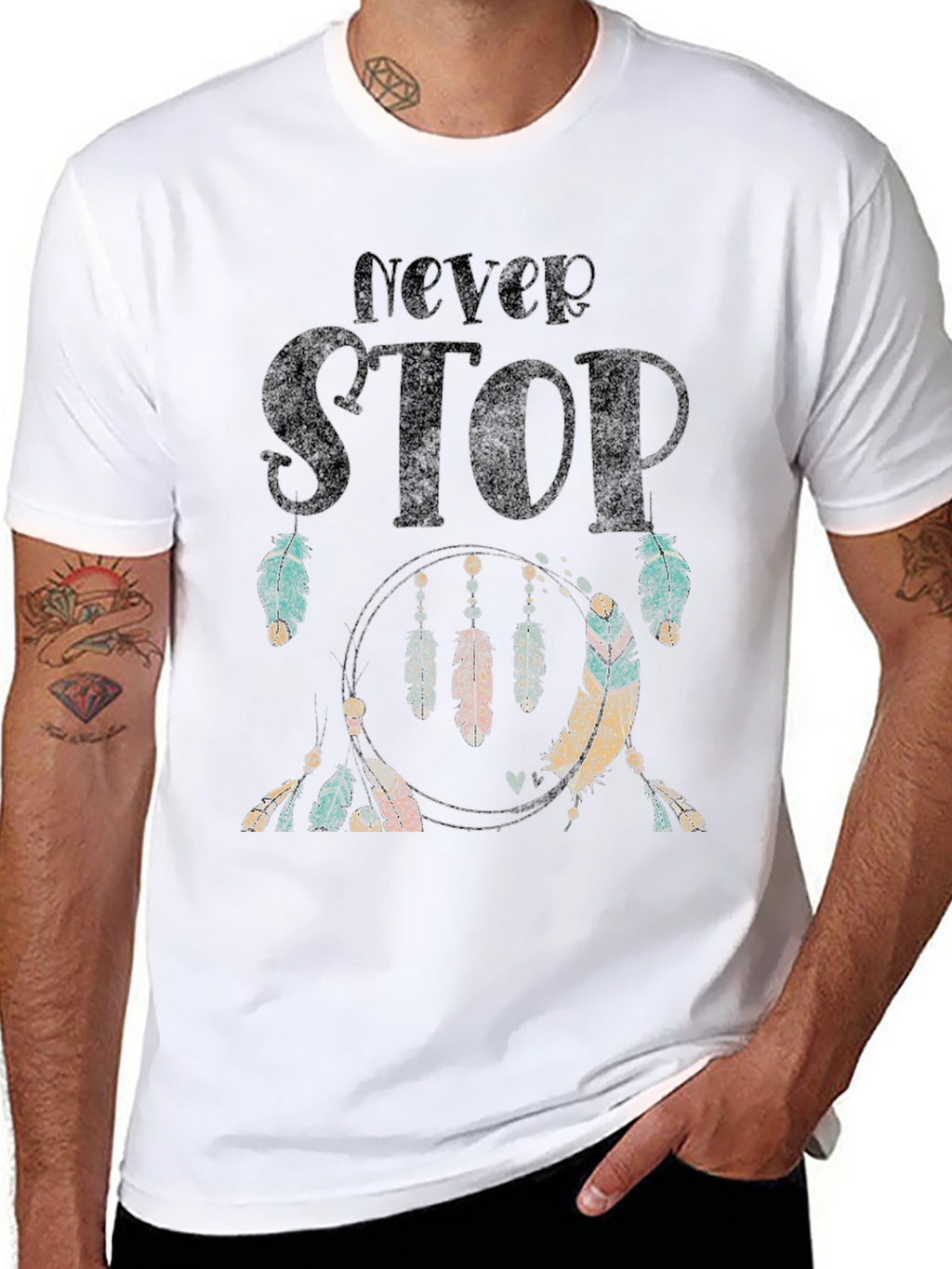 Never Stop Feather Graphic Black T-Shirt