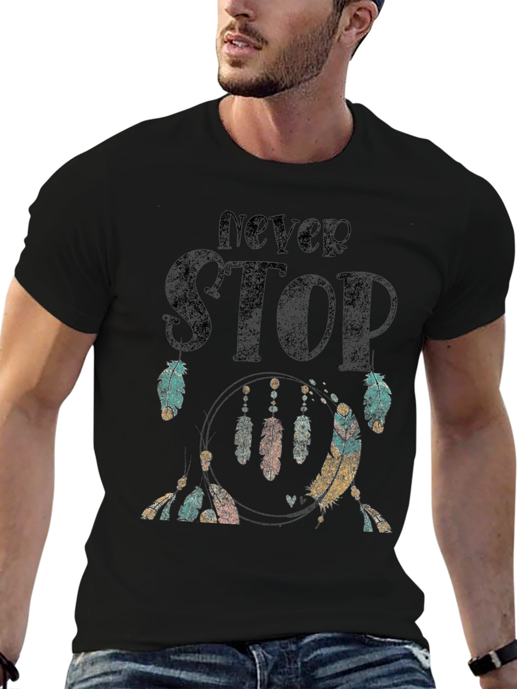 Never Stop Feather Graphic Black T-Shirt