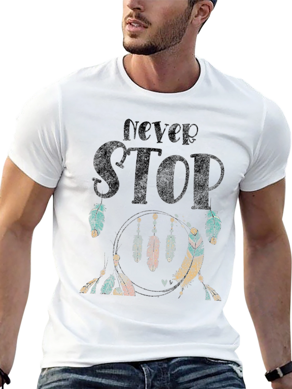 Never Stop Feather Graphic Black T-Shirt