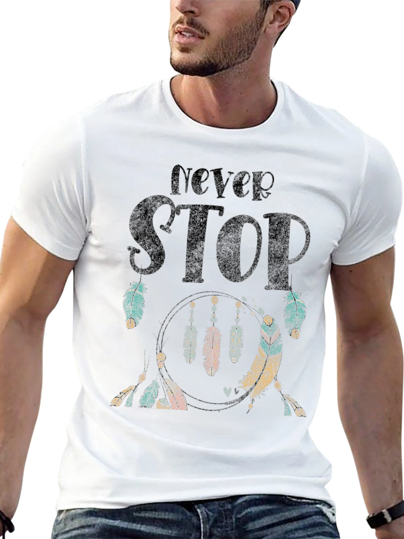Never Stop Feather Graphic Black T-Shirt