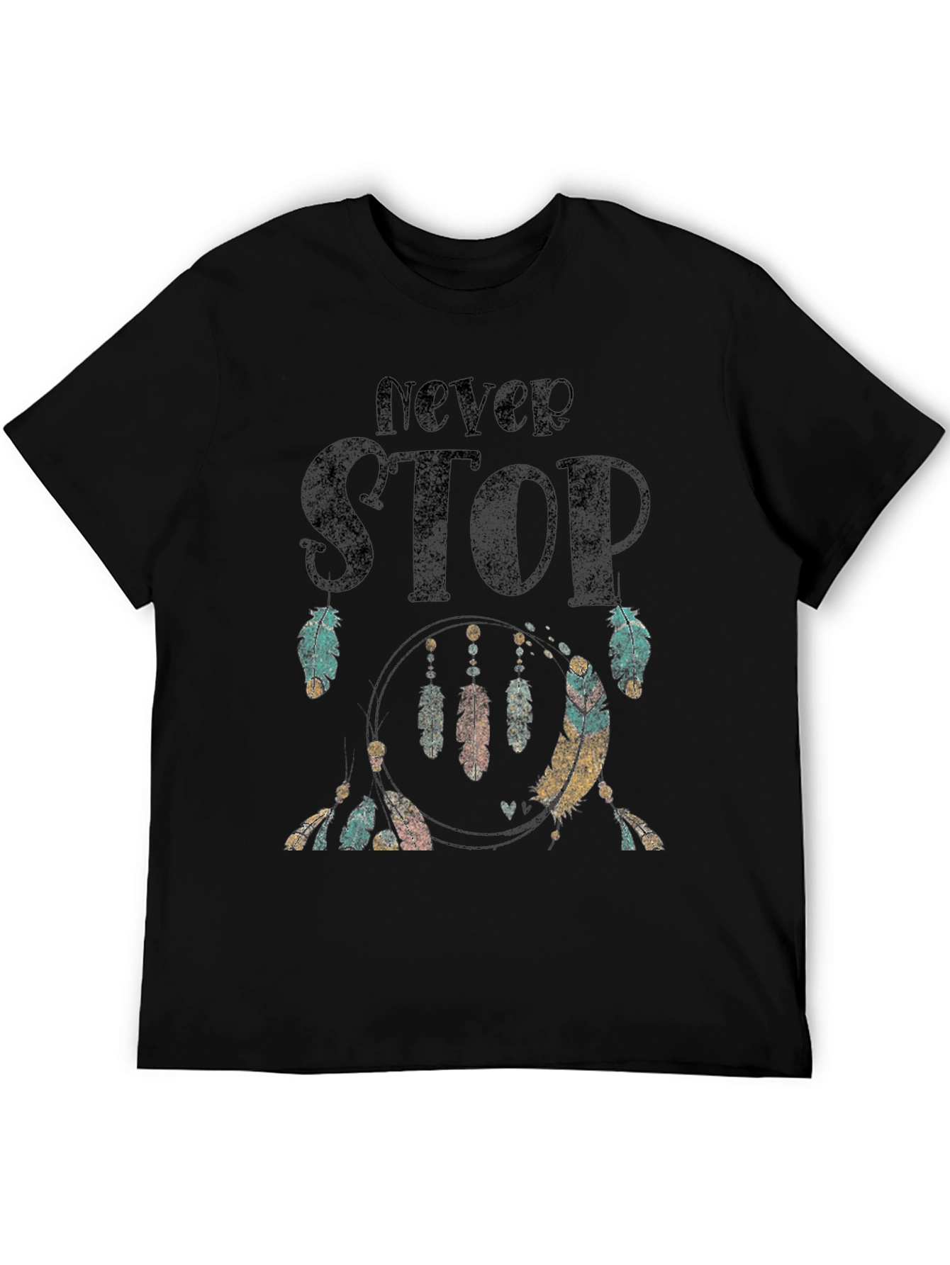 Never Stop Feather Graphic Black T-Shirt