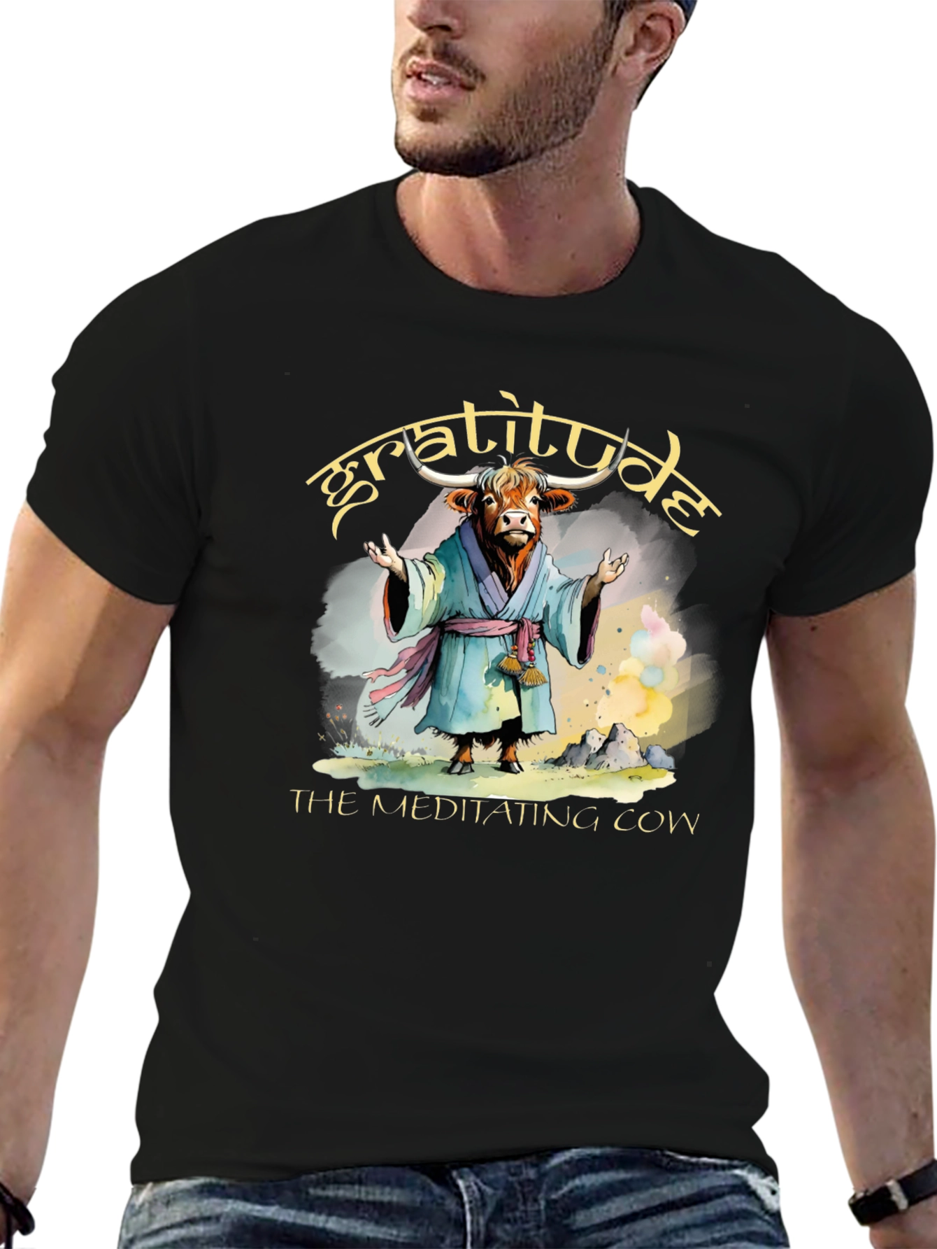Gratitude Meditating Cow Graphic T-Shirt