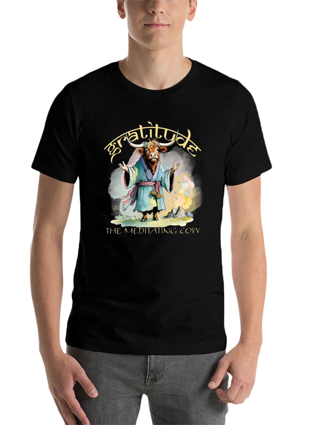 Gratitude Meditating Cow Graphic T-Shirt