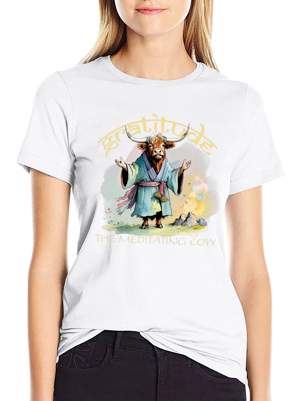 Gratitude Meditating Cow Graphic T-Shirt
