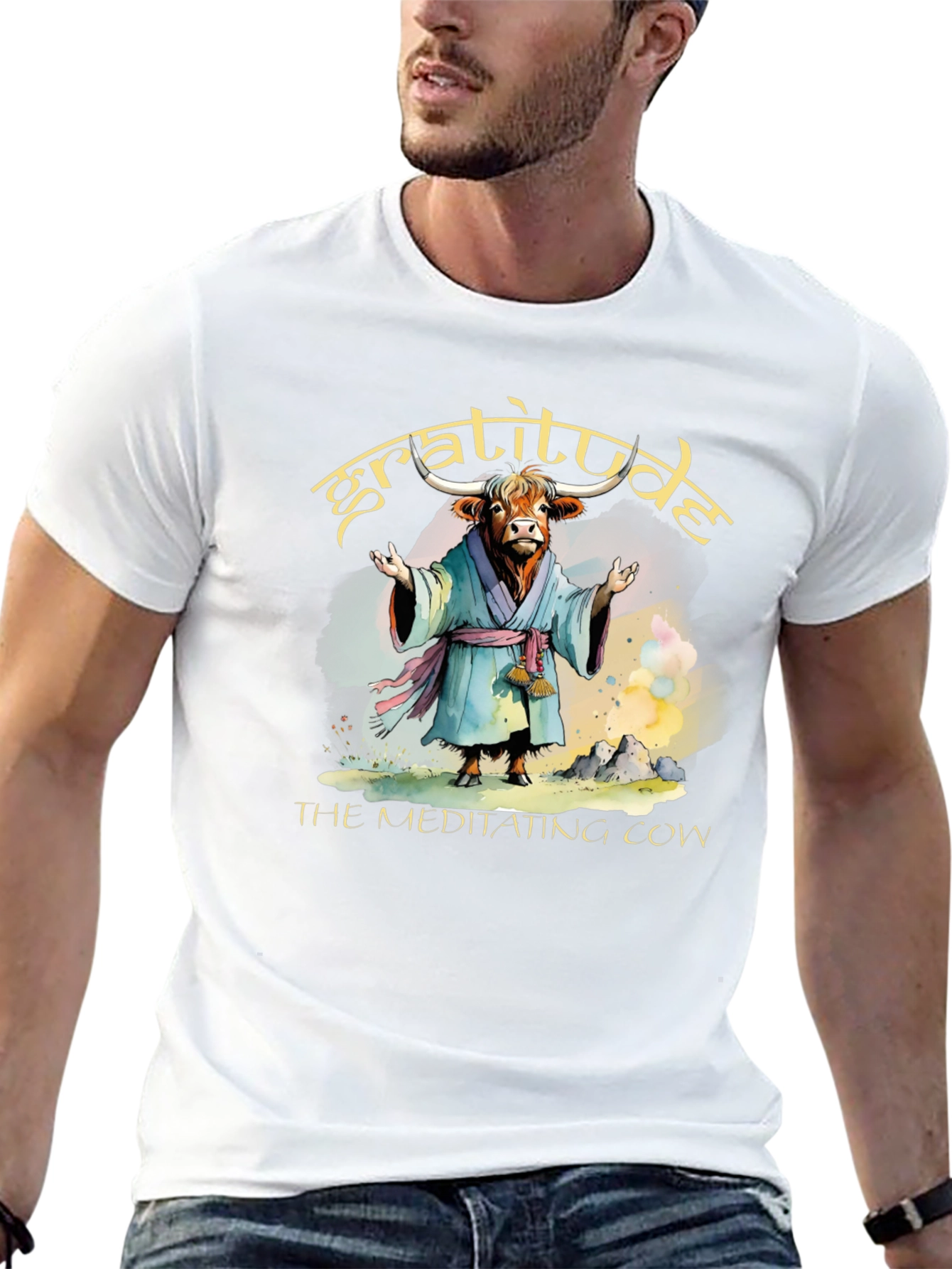 Gratitude Meditating Cow Graphic T-Shirt