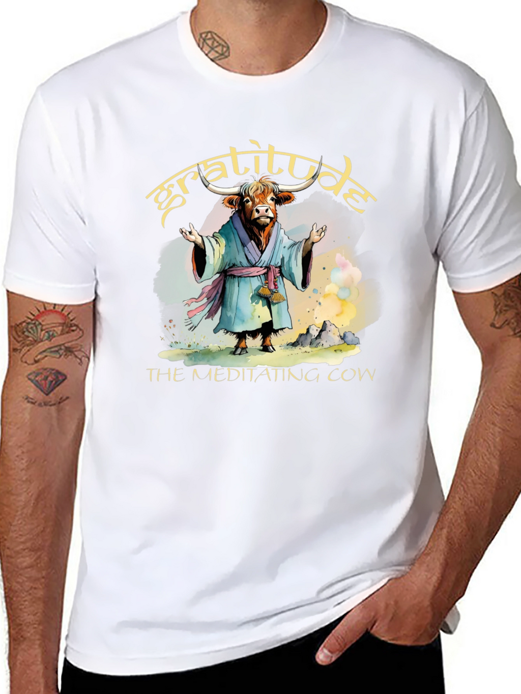 Gratitude Meditating Cow Graphic T-Shirt