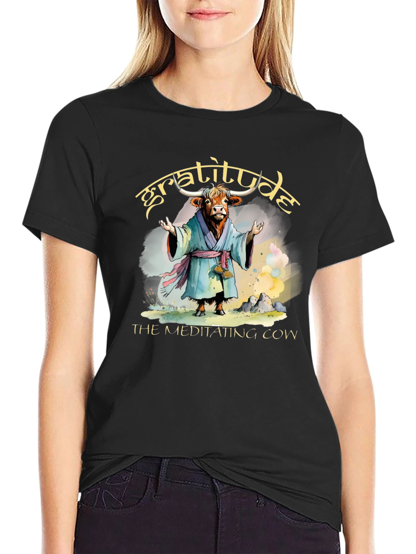 Gratitude Meditating Cow Graphic T-Shirt