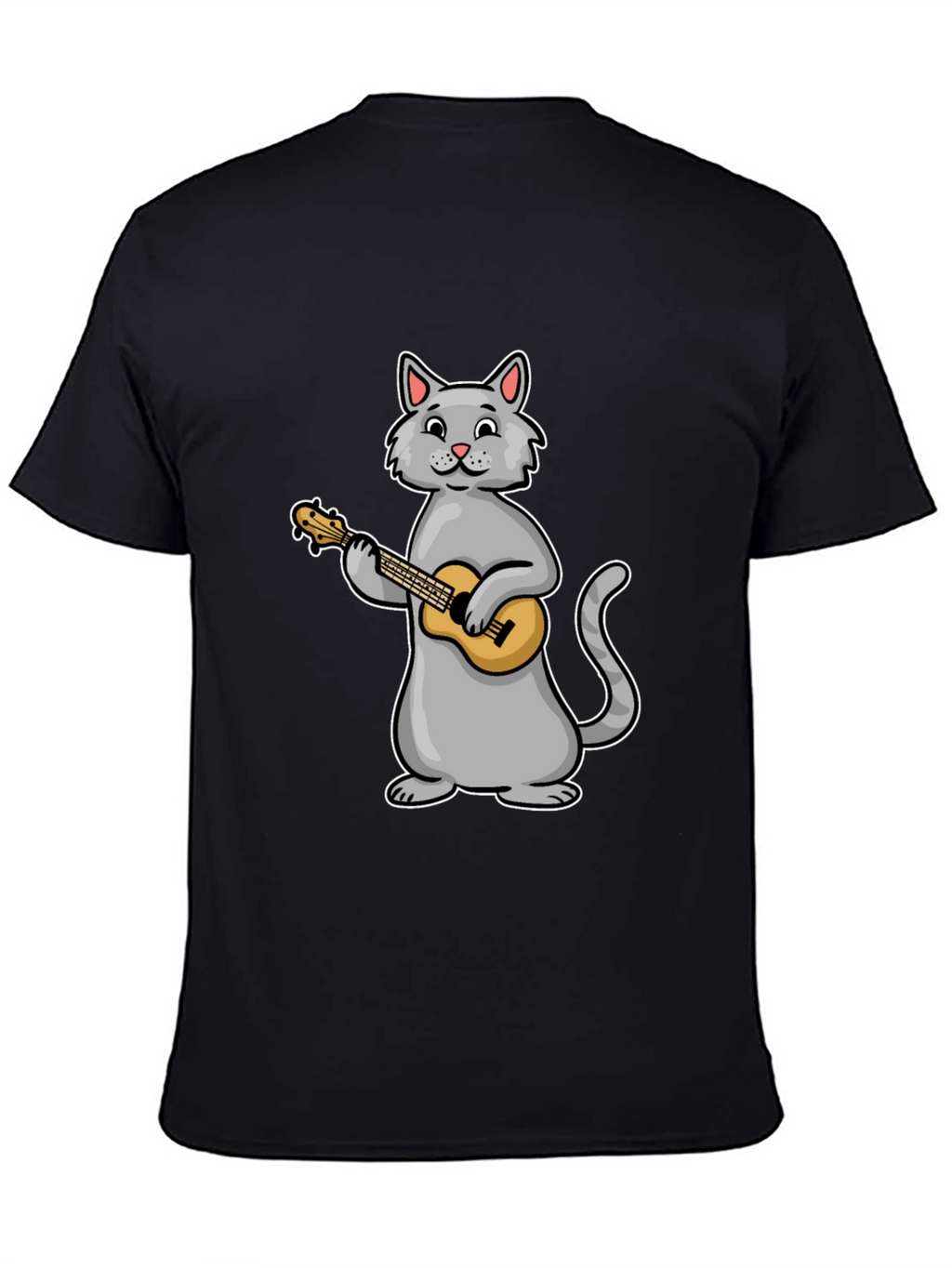 Cat Playing Ukulele Graphic Tee - Black Cotton T-Shirt