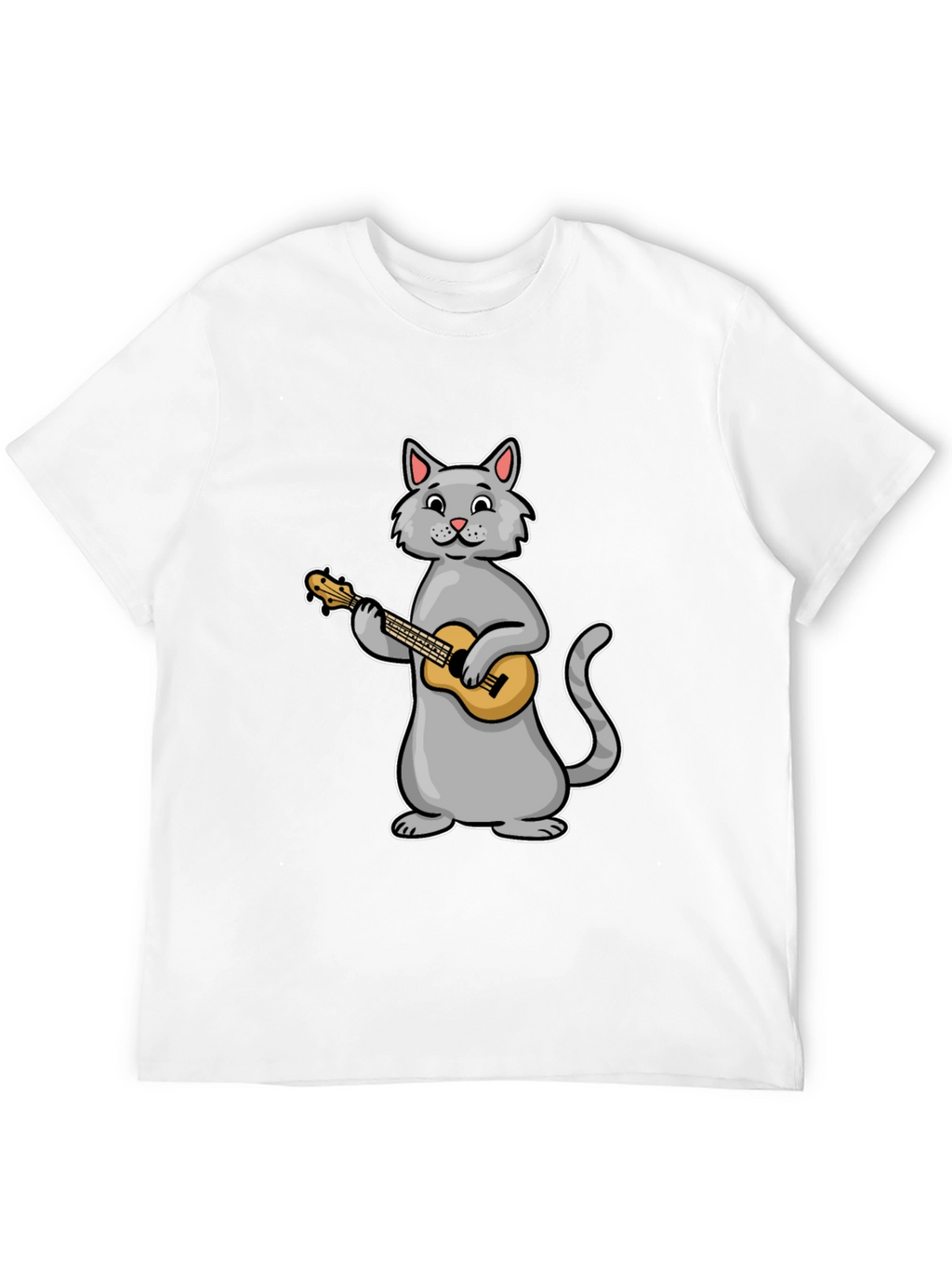 Cat Playing Ukulele Graphic Tee - Black Cotton T-Shirt