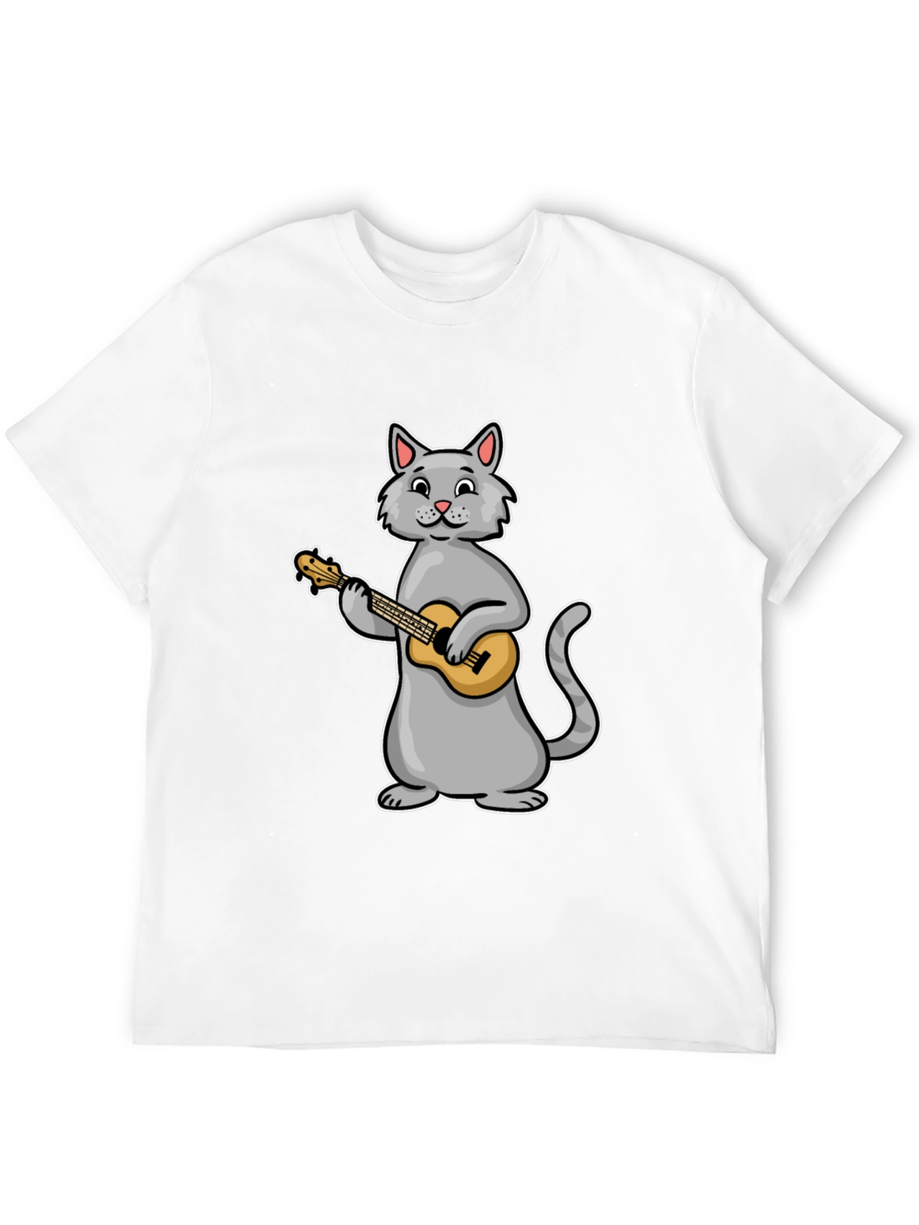 Cat Playing Ukulele Graphic Tee - Black Cotton T-Shirt