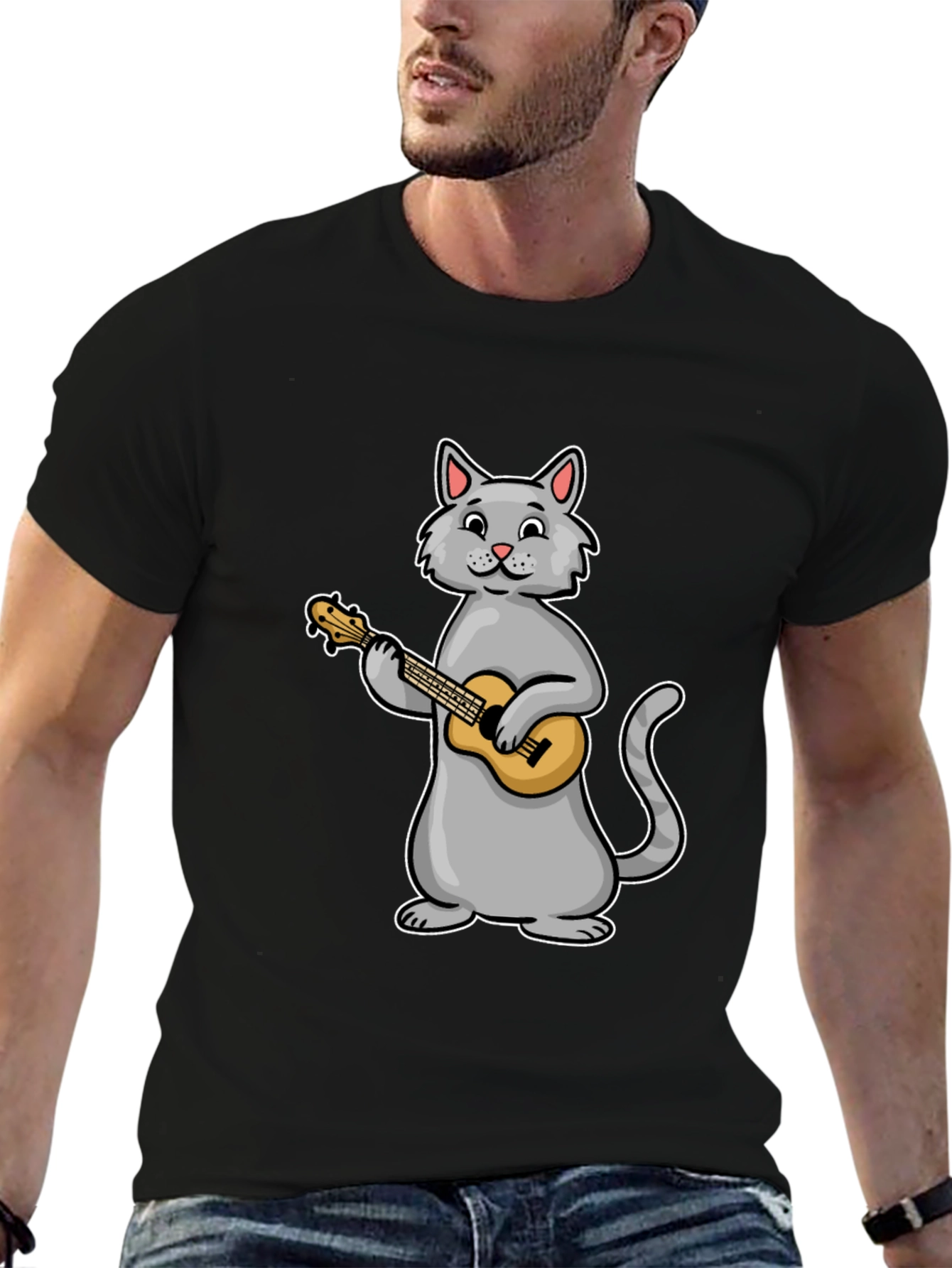 Cat Playing Ukulele Graphic Tee - Black Cotton T-Shirt