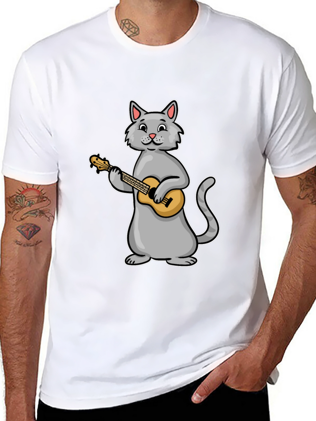 Cat Playing Ukulele Graphic Tee - Black Cotton T-Shirt