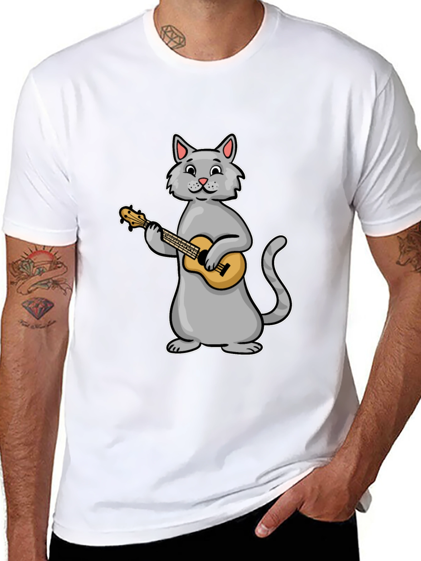 Cat Playing Ukulele Graphic Tee - Black Cotton T-Shirt