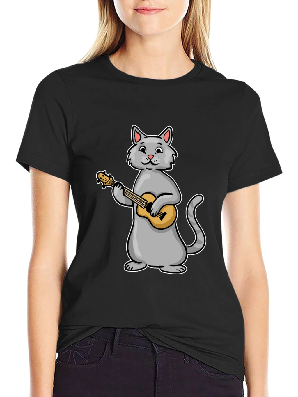 Cat Playing Ukulele Graphic Tee - Black Cotton T-Shirt