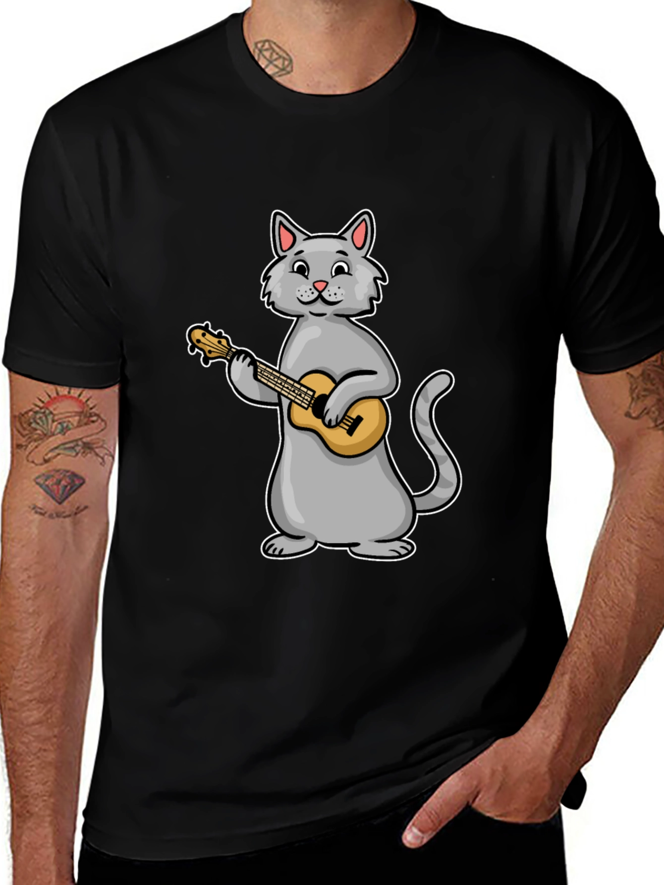 Cat Playing Ukulele Graphic Tee - Black Cotton T-Shirt