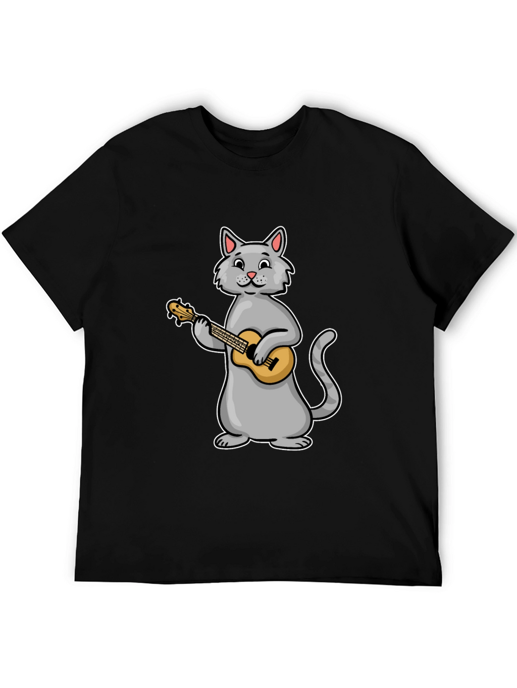 Cat Playing Ukulele Graphic Tee - Black Cotton T-Shirt