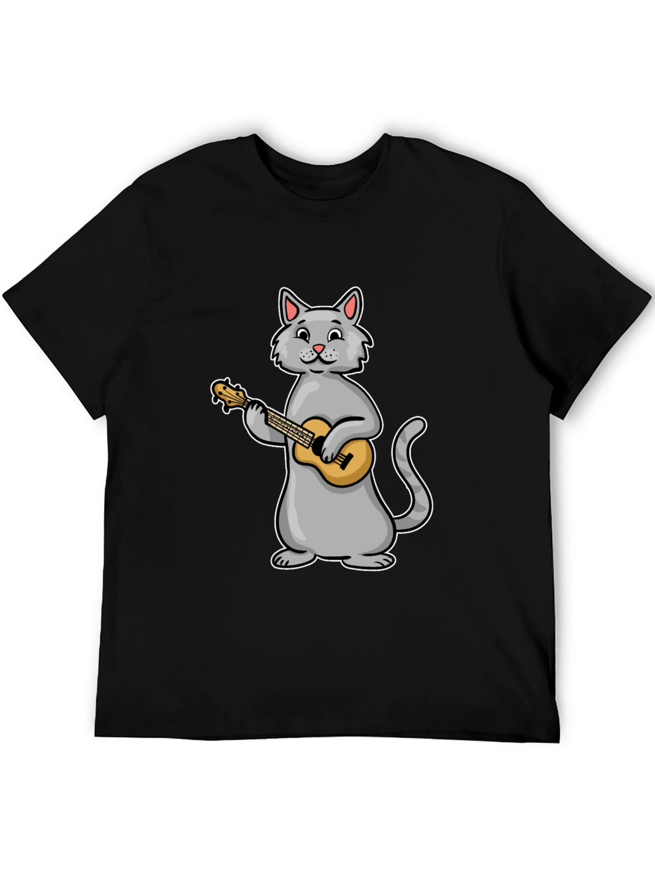 Cat Playing Ukulele Graphic Tee - Black Cotton T-Shirt