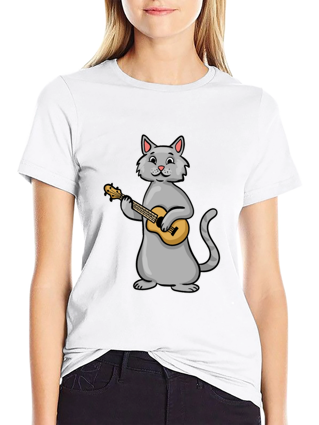 Cat Playing Ukulele Graphic Tee - Black Cotton T-Shirt