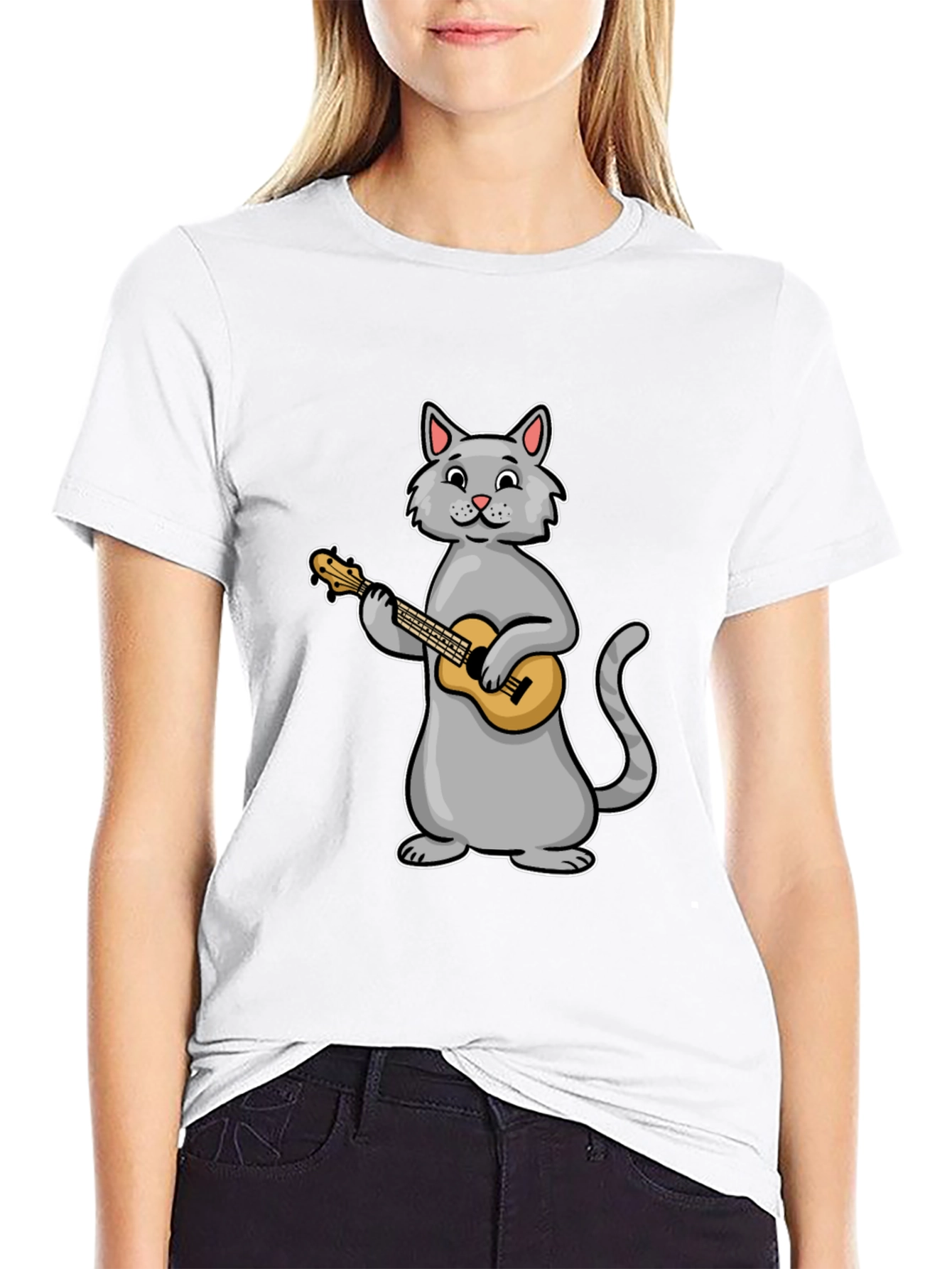 Cat Playing Ukulele Graphic Tee - Black Cotton T-Shirt