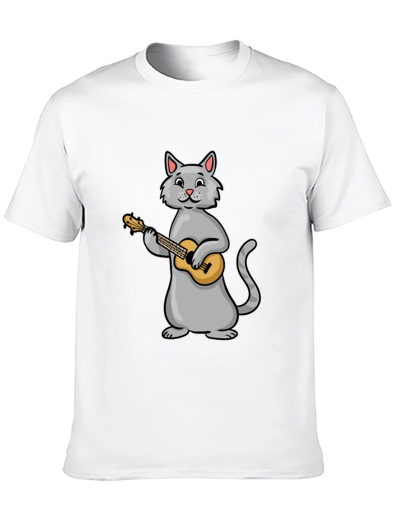 Cat Playing Ukulele Graphic Tee - Black Cotton T-Shirt