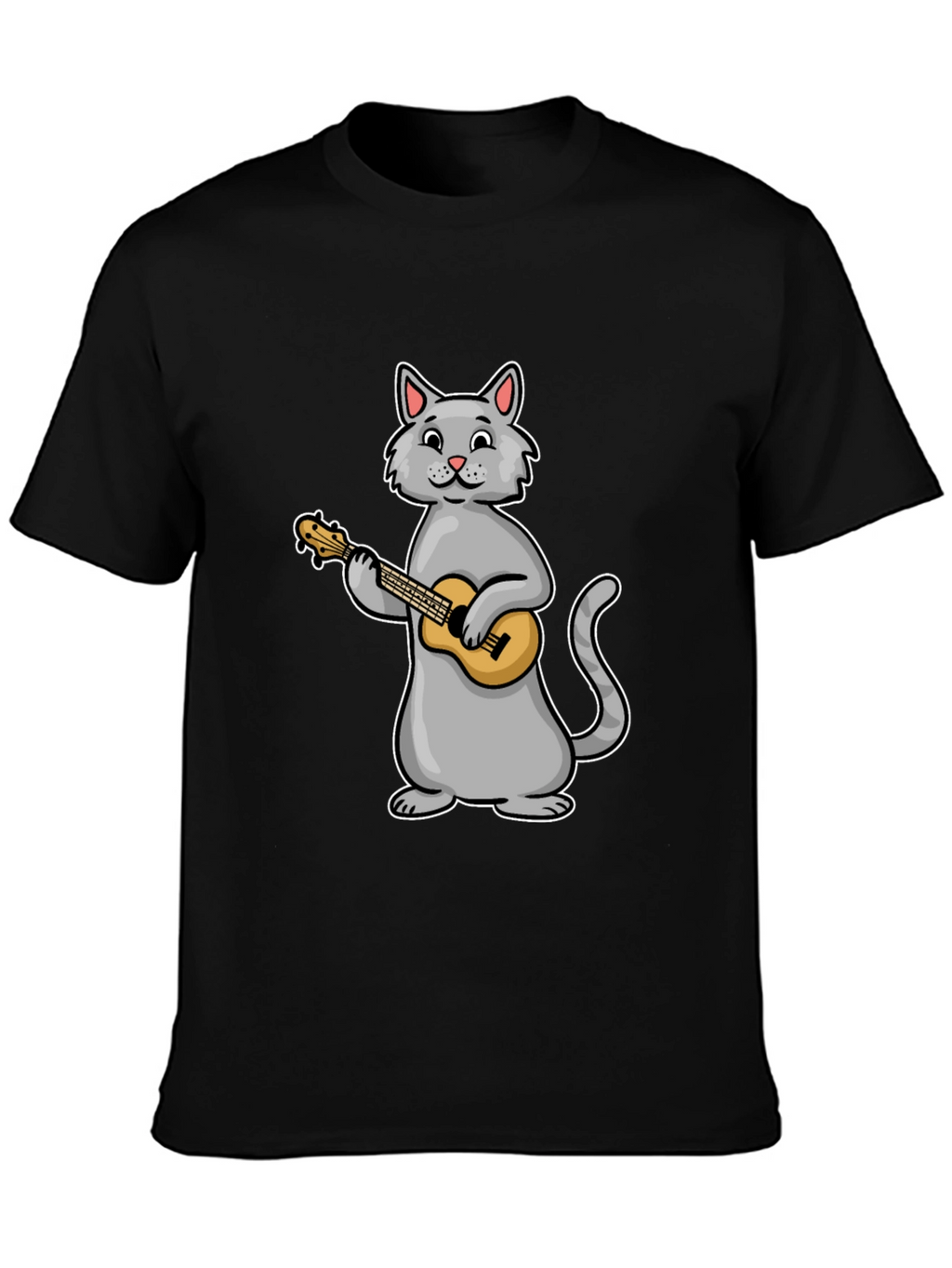 Cat Playing Ukulele Graphic Tee - Black Cotton T-Shirt