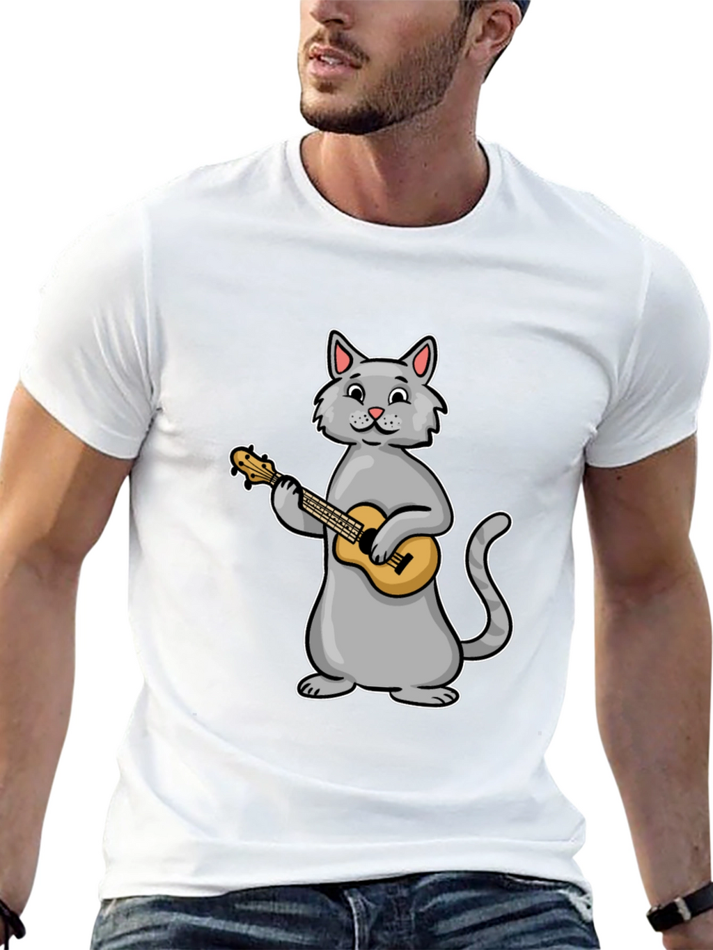 Cat Playing Ukulele Graphic Tee - Black Cotton T-Shirt